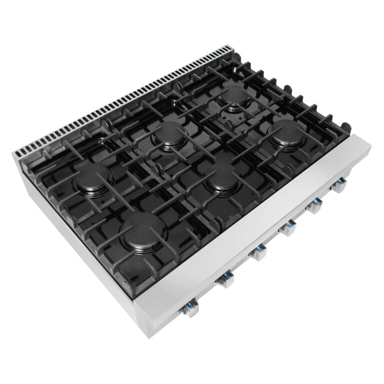 6-burner gas cooktop with black burner caps and cast-iron grates on stainless steel base