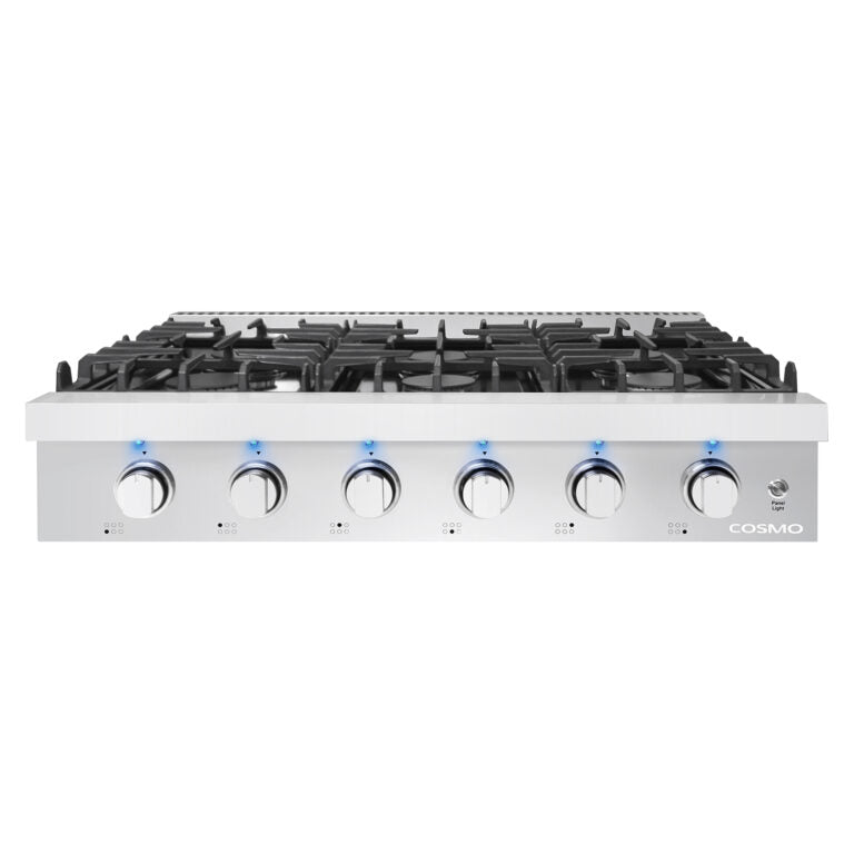 Stainless steel slide-in gas cooktop with six black burner grates and front control knobs