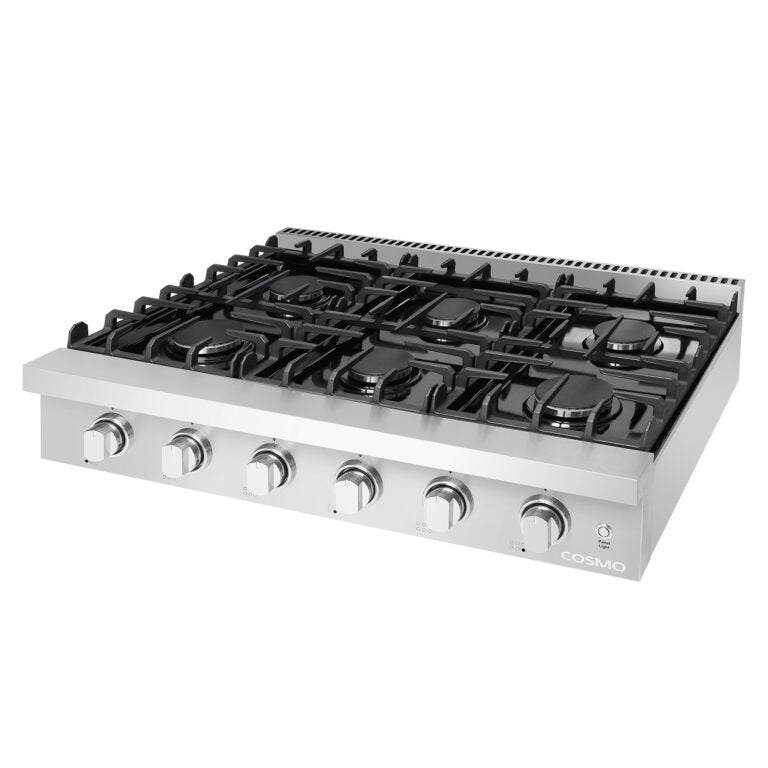 Stainless steel slide-in gas cooktop with angled view of six burners and control knobs