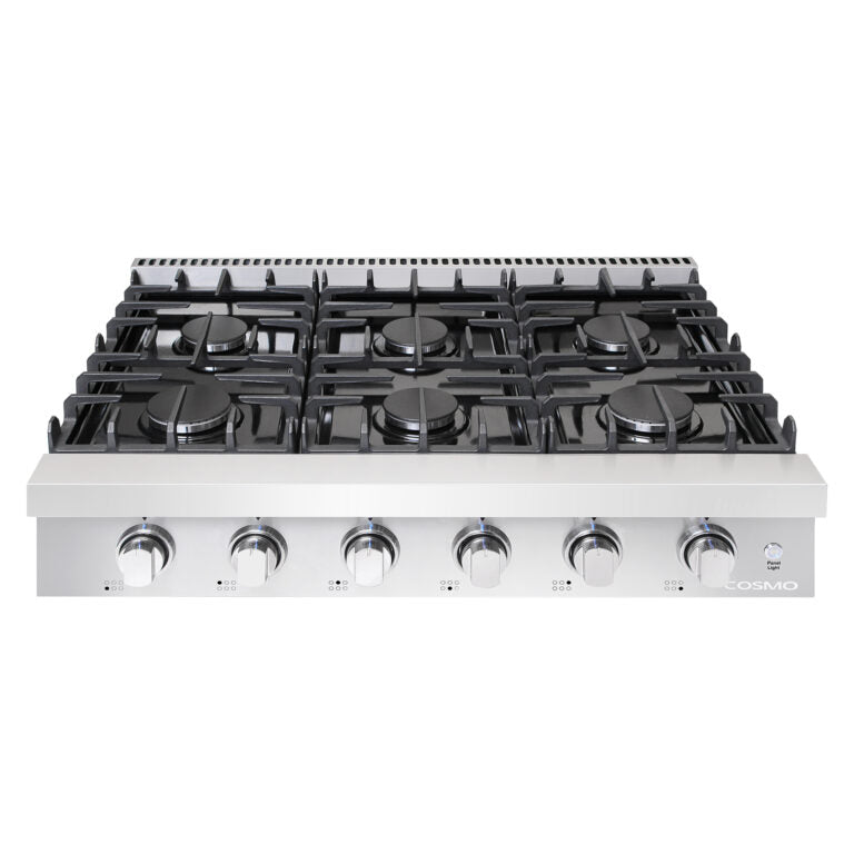 Stainless steel gas cooktop with six burners, black grates, and six front control knobs
