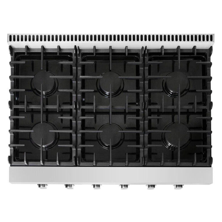 Top view of six burners with black grates and stainless steel side walls