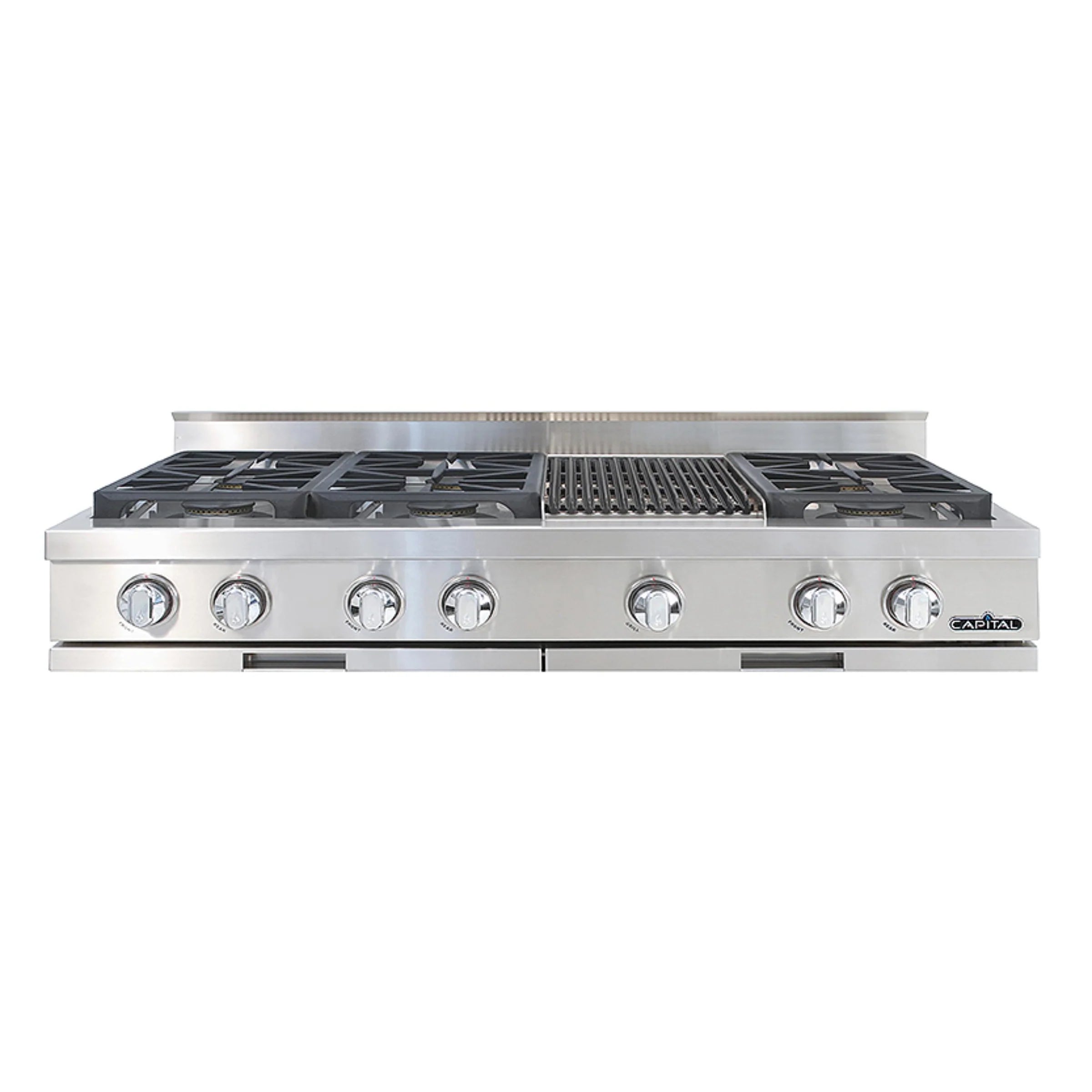 48-inch stainless steel gas rangetop with 6 sealed burners and control knobs