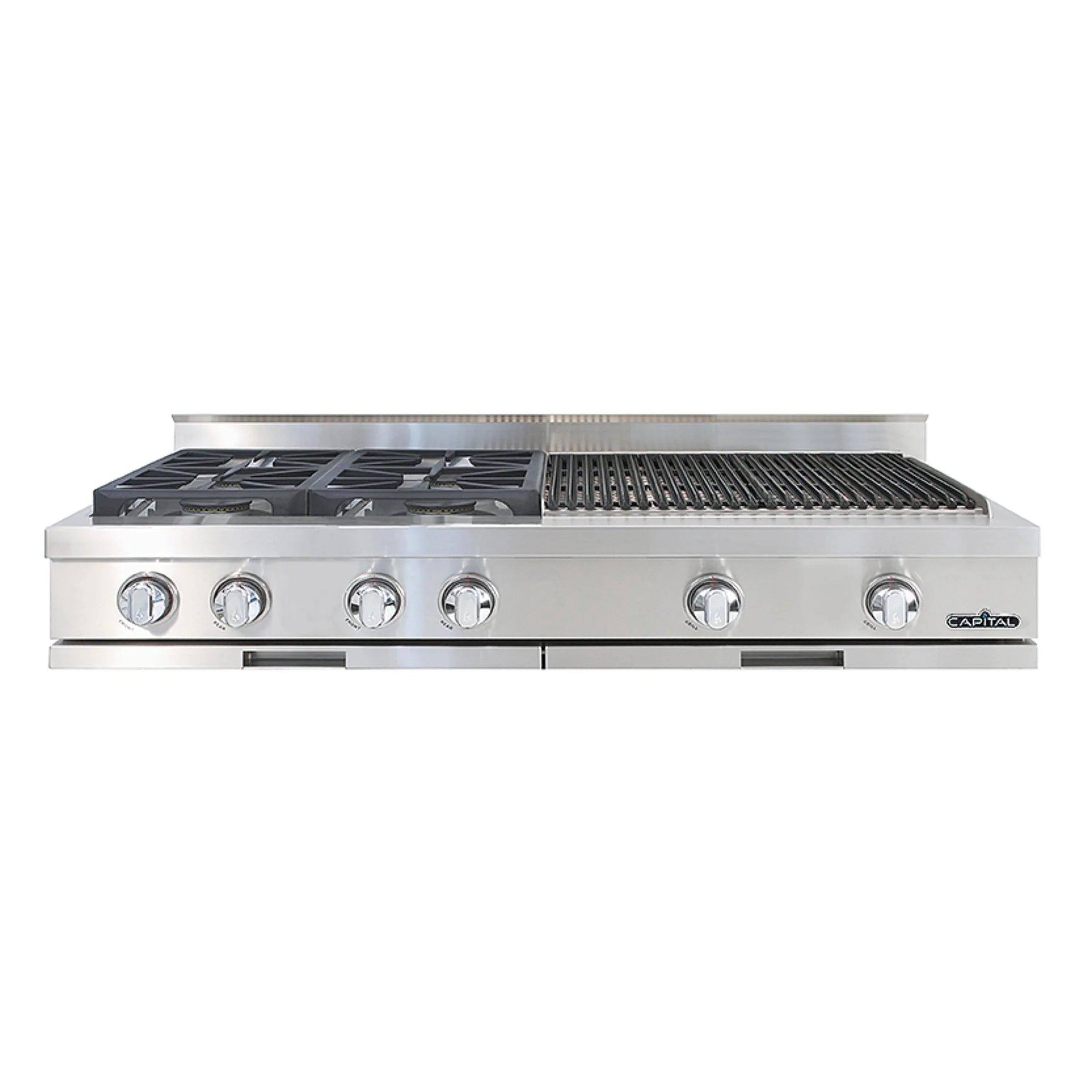 Stainless steel gas rangetop with four sealed burners and control knobs