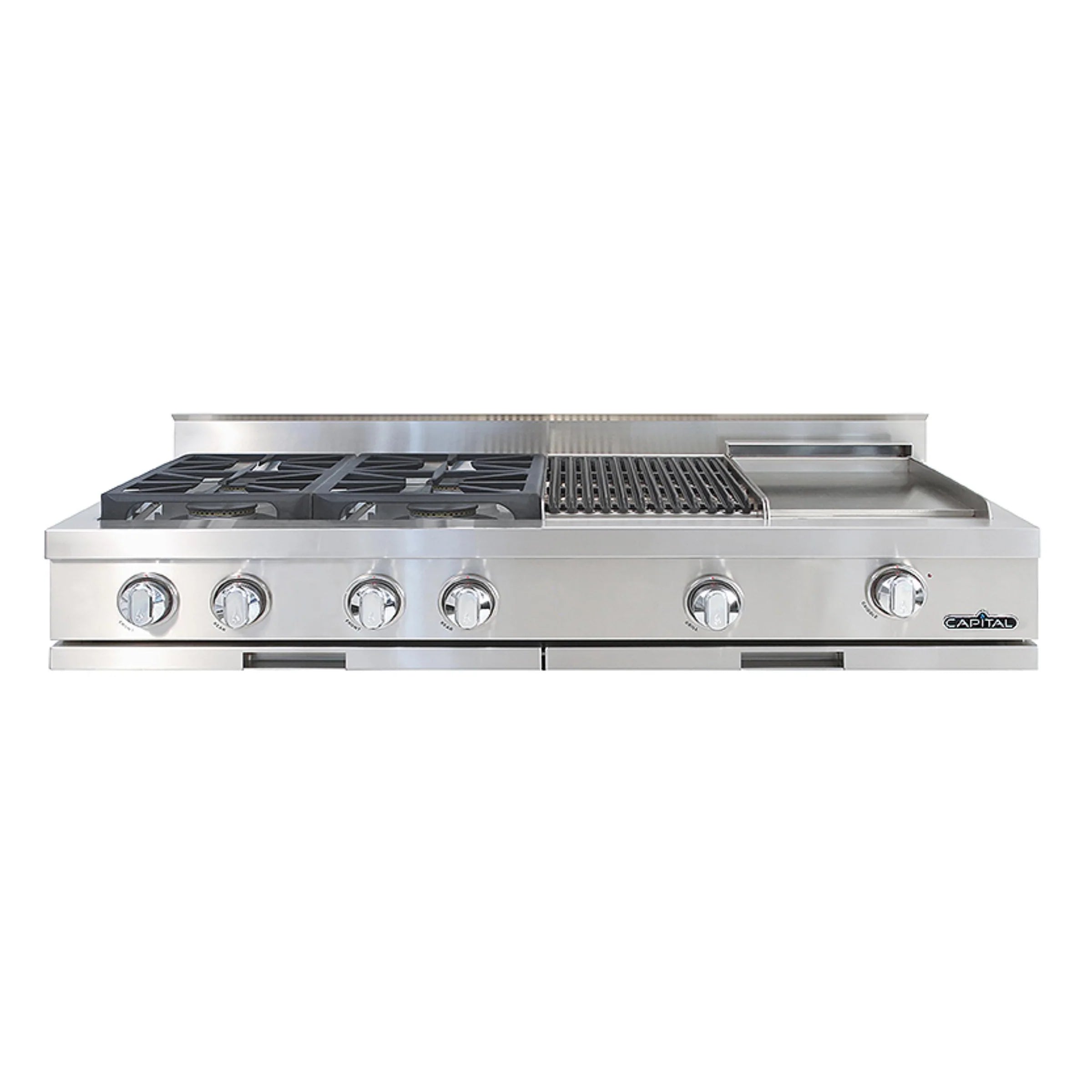 Stainless steel gas rangetop with four burner grates and control knobs