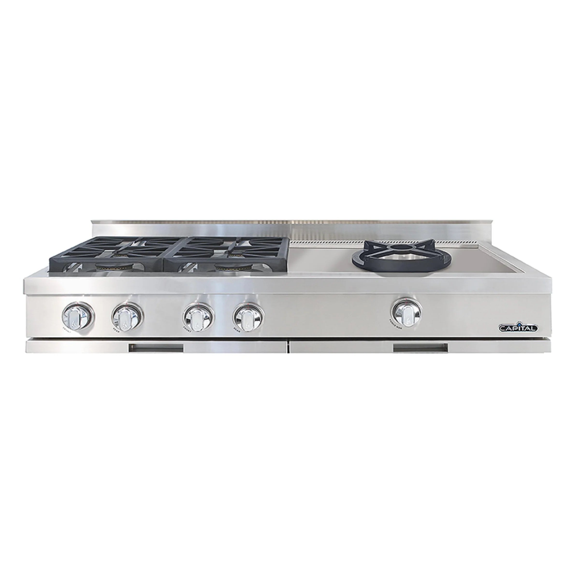 Stainless steel 48-inch gas rangetop with four sealed burners and wok burner, front view
