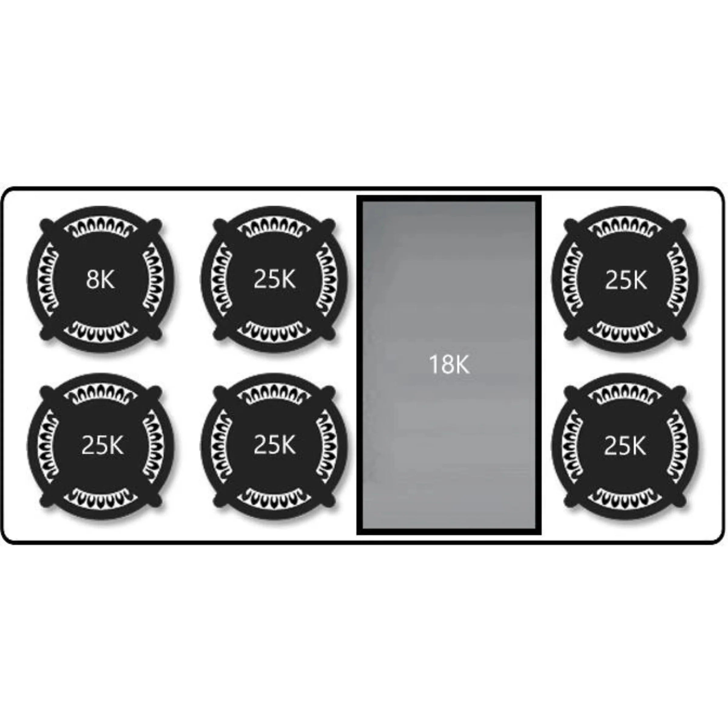 Burner power level selector with 8K and 25K markings beside griddle area