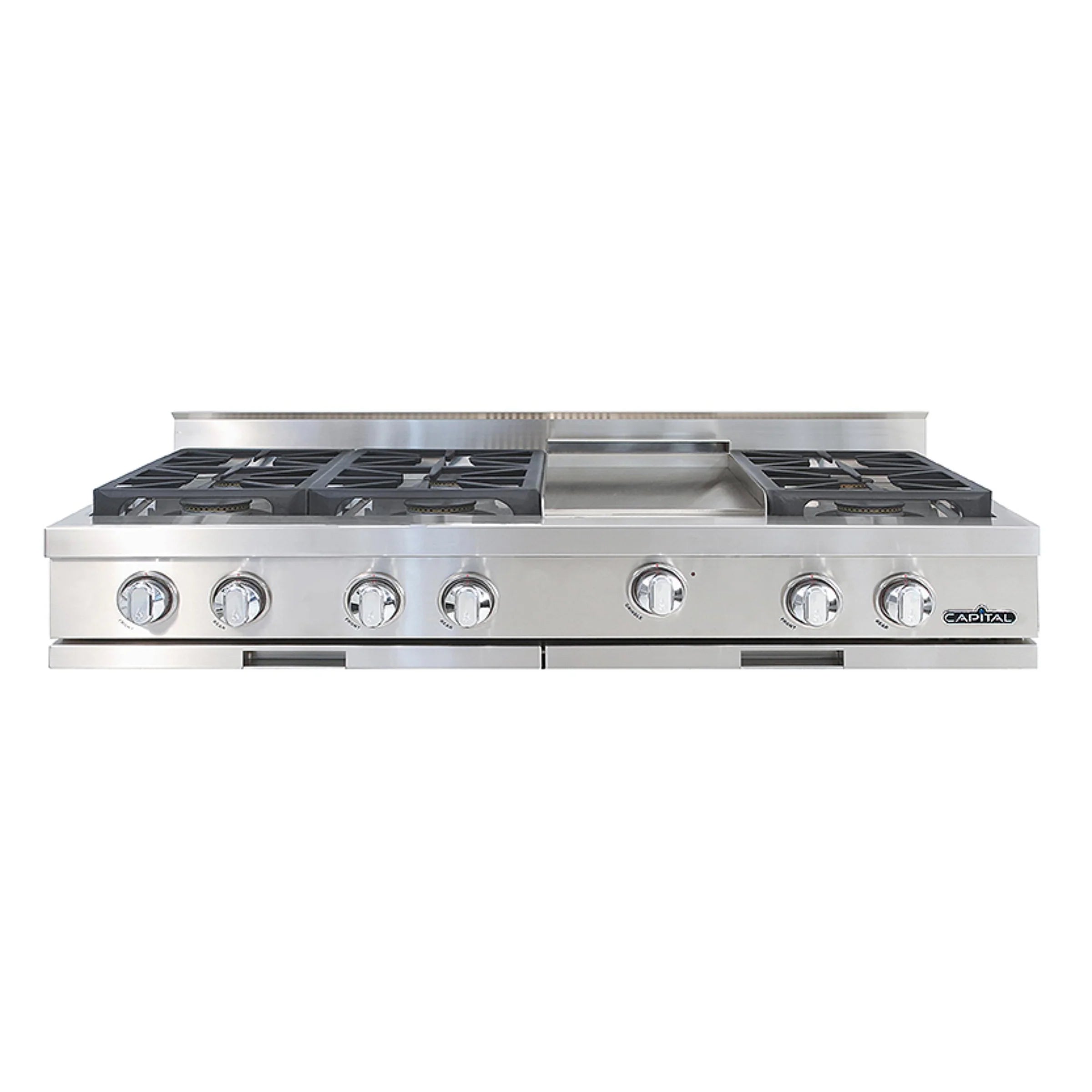 Stainless steel 48-inch rangetop with six sealed burners and integrated griddle