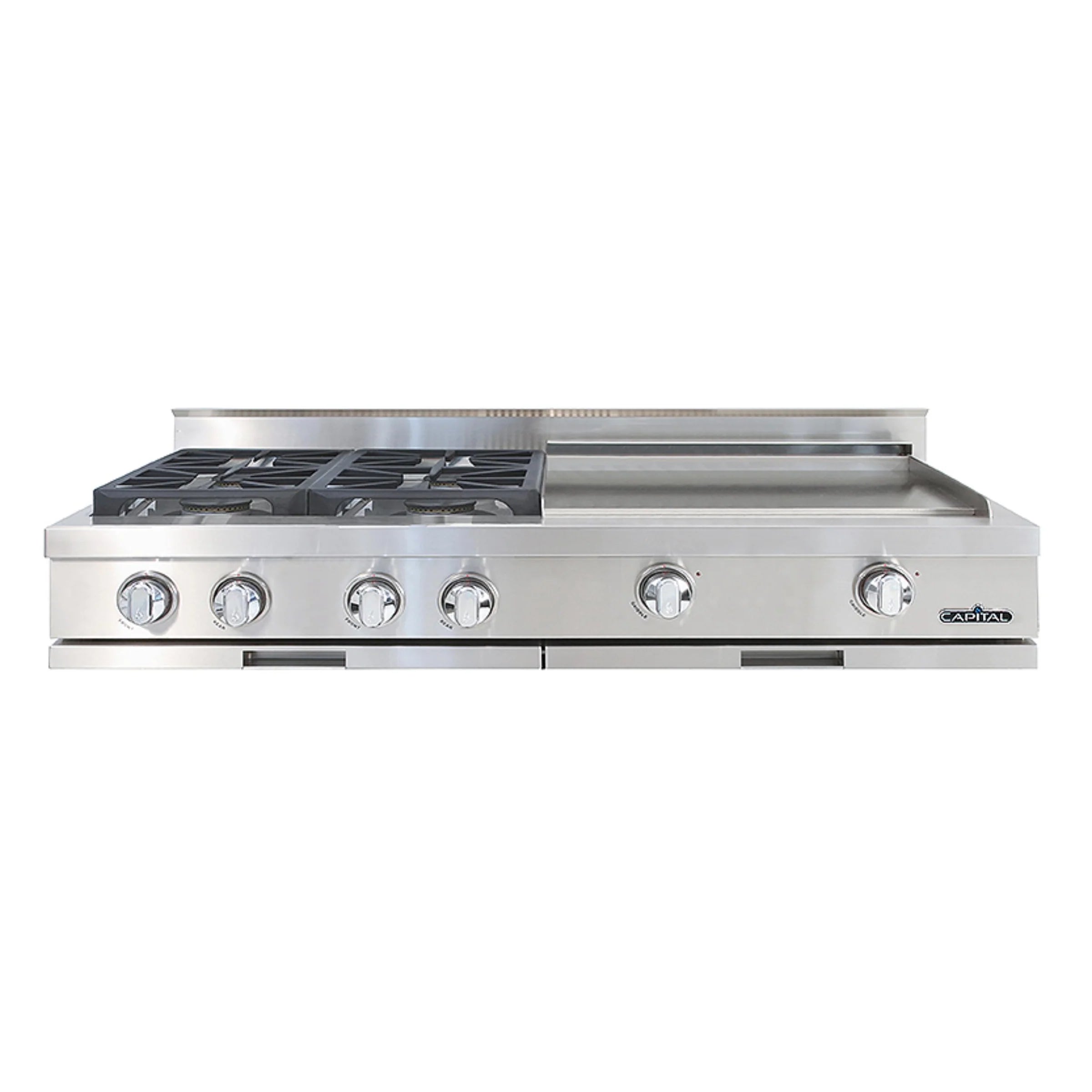 Stainless steel 48-inch range top with four sealed burners and griddle, front view