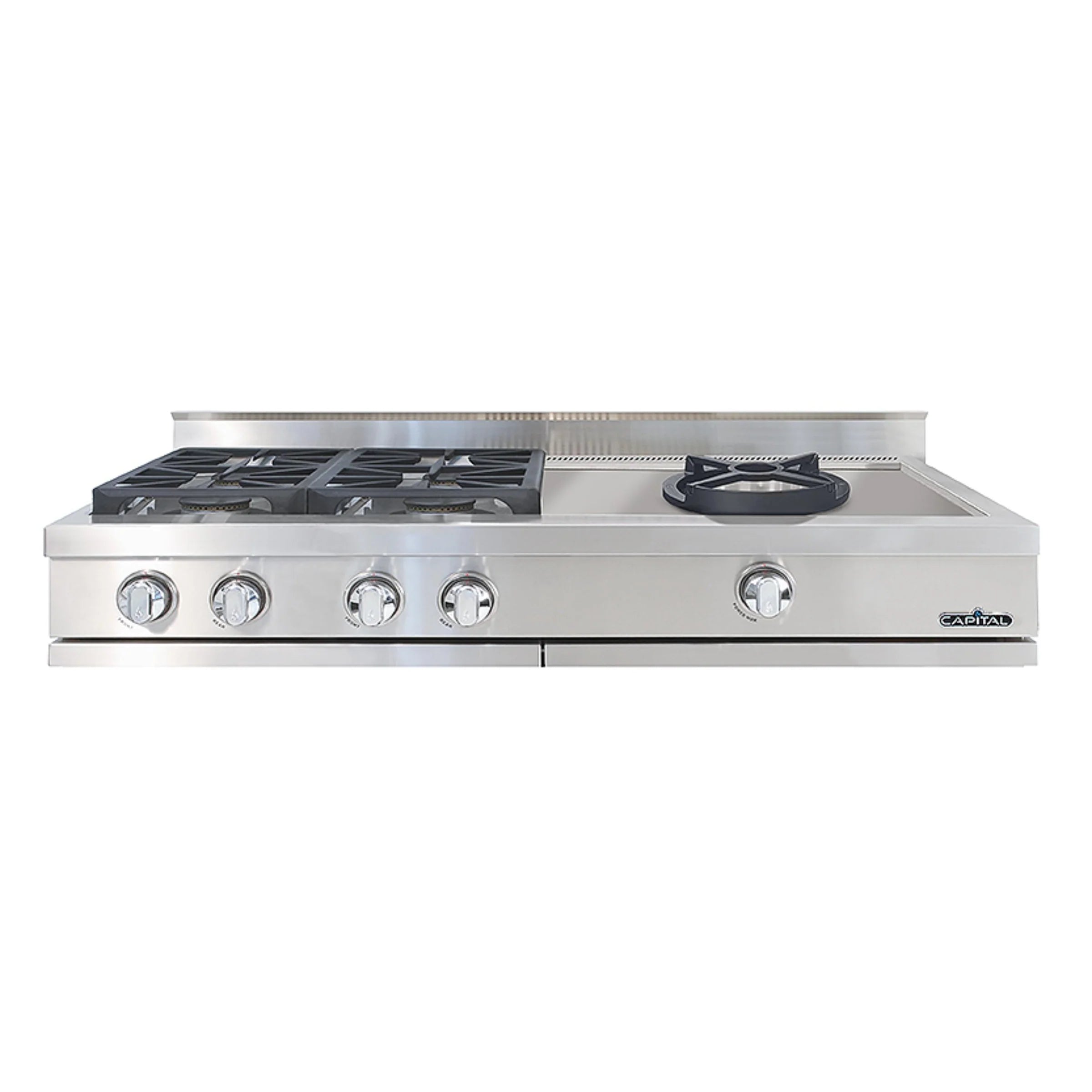 Stainless steel 48-inch gas rangetop with five burners and control knobs