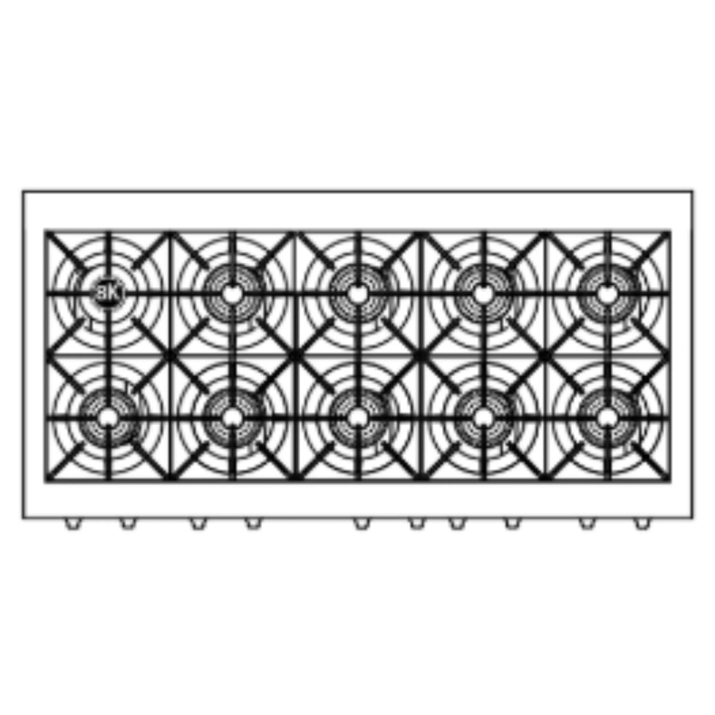 10-burner layout diagram on black grate platform for a gas rangetop