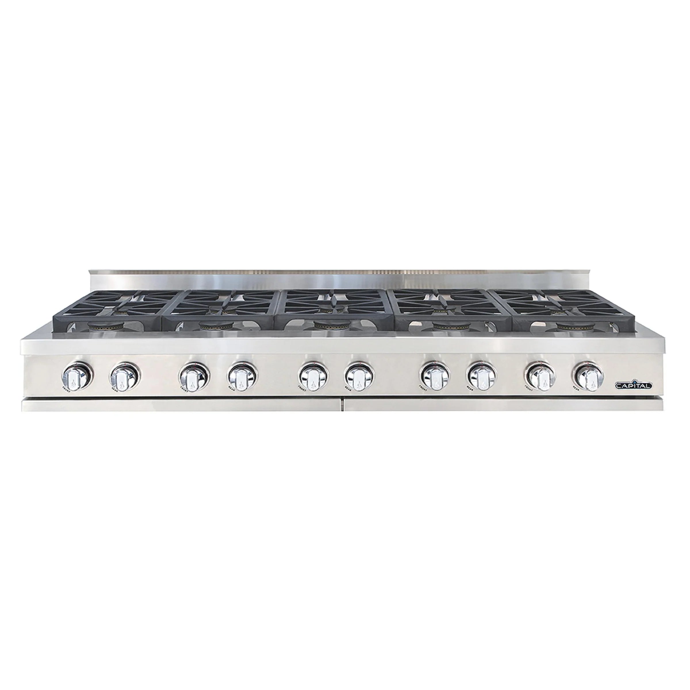 Stainless steel 60-inch rangetop with 10 sealed gas burners and control knobs