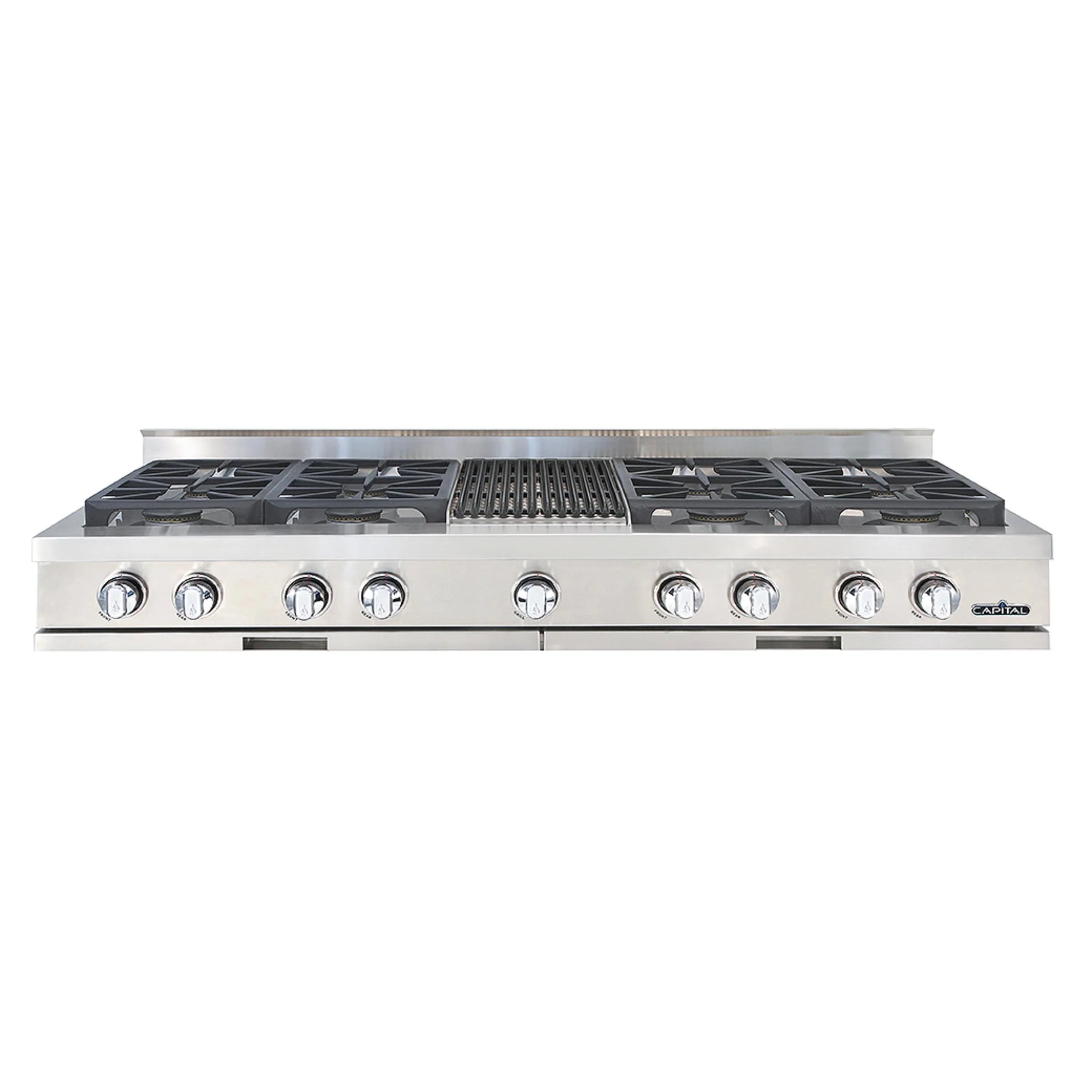 Stainless steel 60-inch range top with eight sealed burners and front control knobs