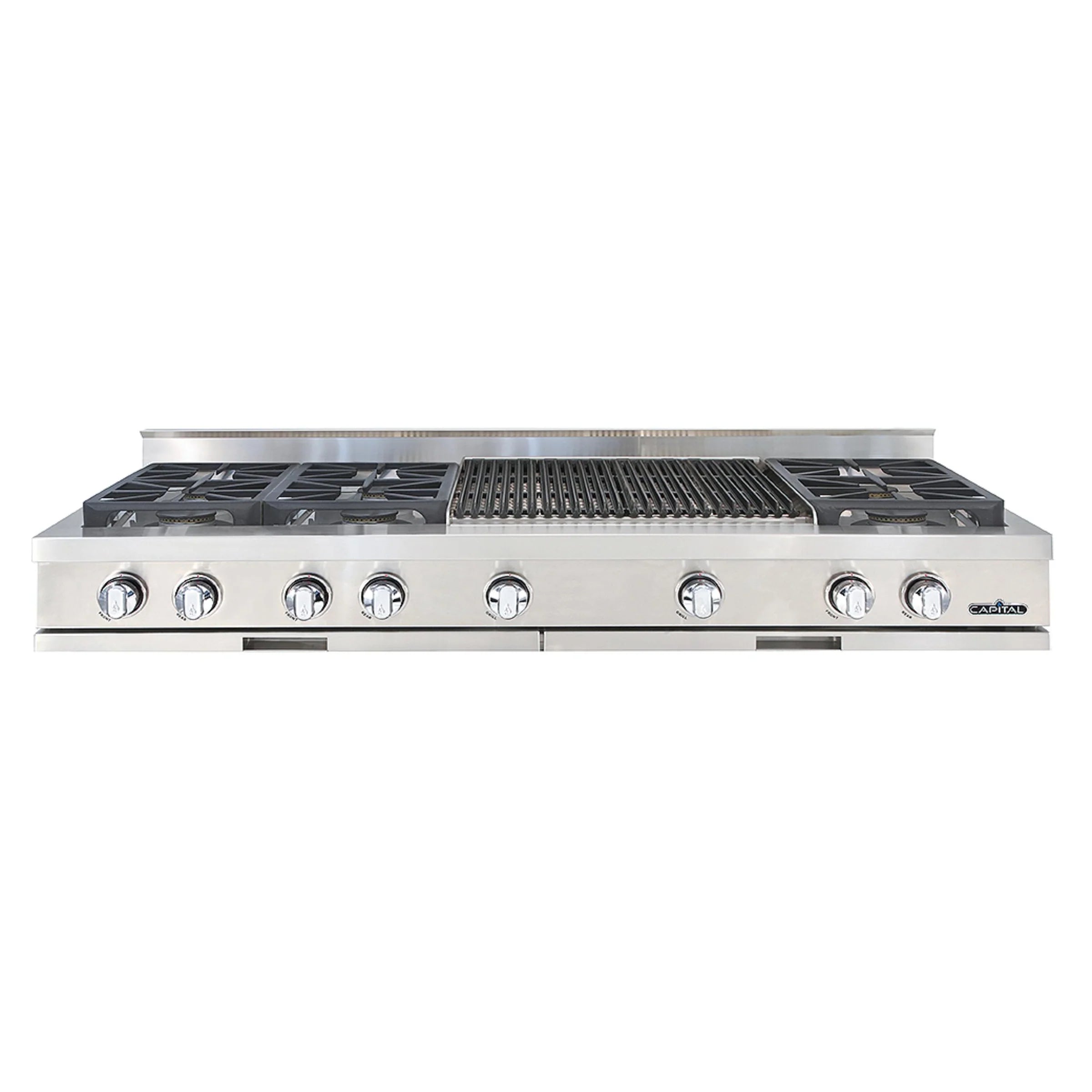 Stainless steel rangetop with six sealed burners and 24-inch grill, front control knobs