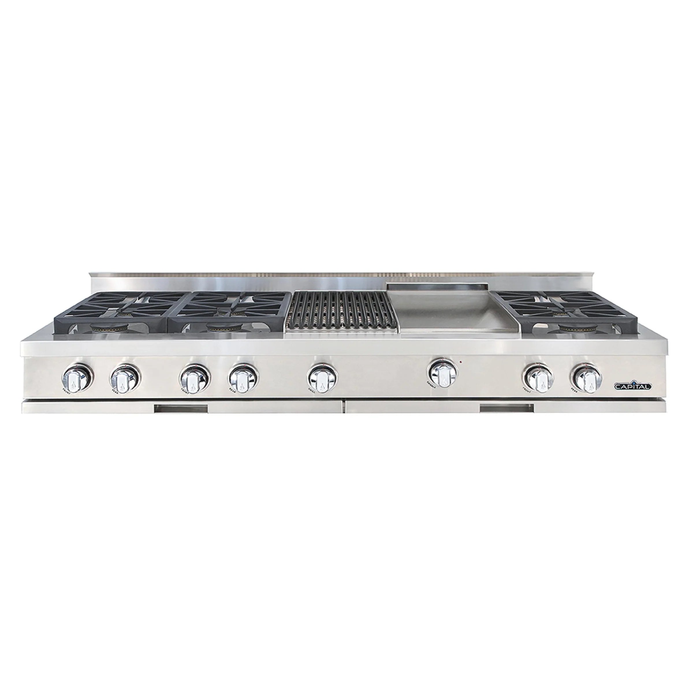 Stainless steel 6-burner rangetop with black grates, grill/griddle center, and control knobs