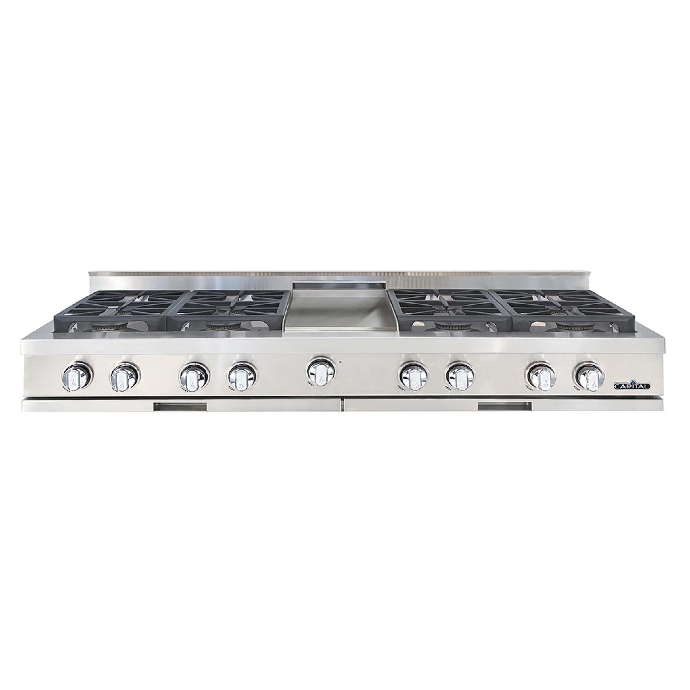 Stainless steel 60-inch gas rangetop with eight sealed burners and control knobs