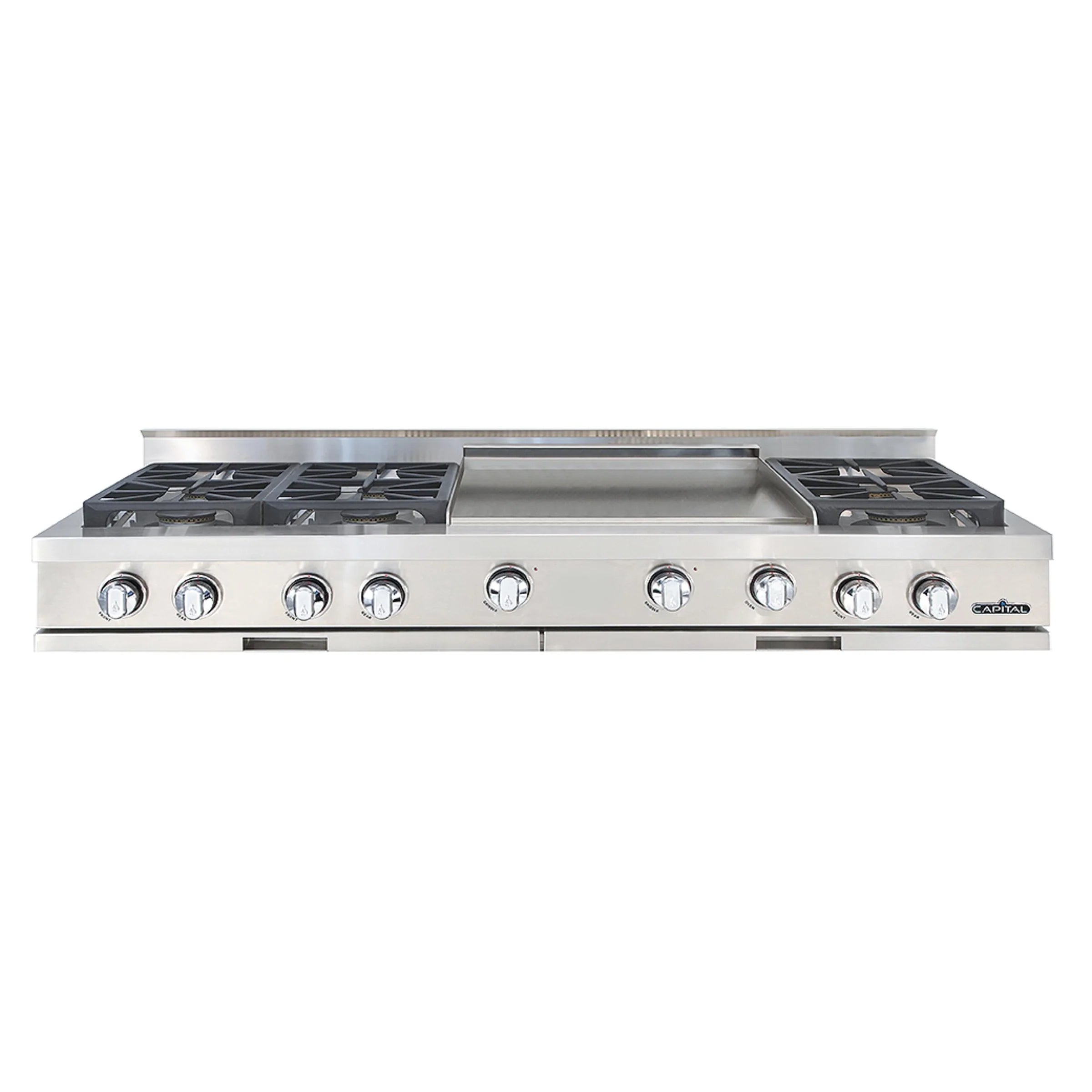 Stainless steel 6-burner gas rangetop with center griddle and front control knobs