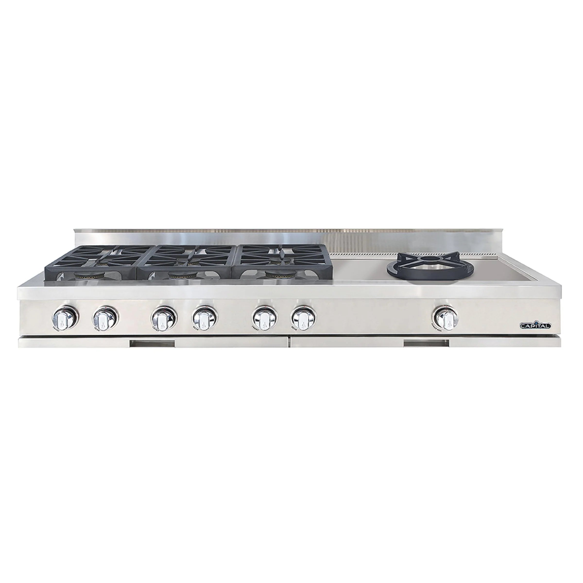 Stainless steel gas rangetop with six sealed burners and control knobs