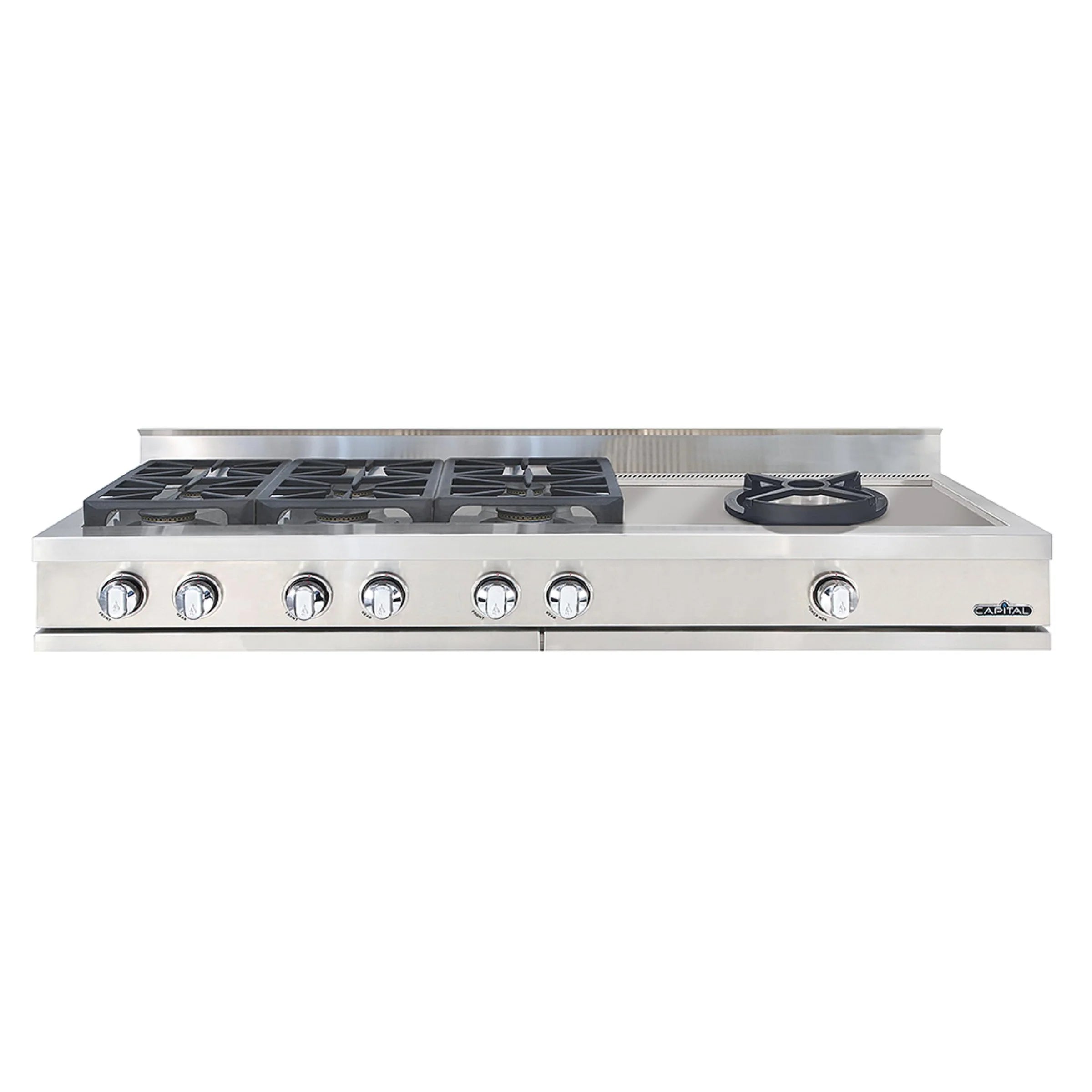 Stainless steel rangetop with six sealed burners and control knobs