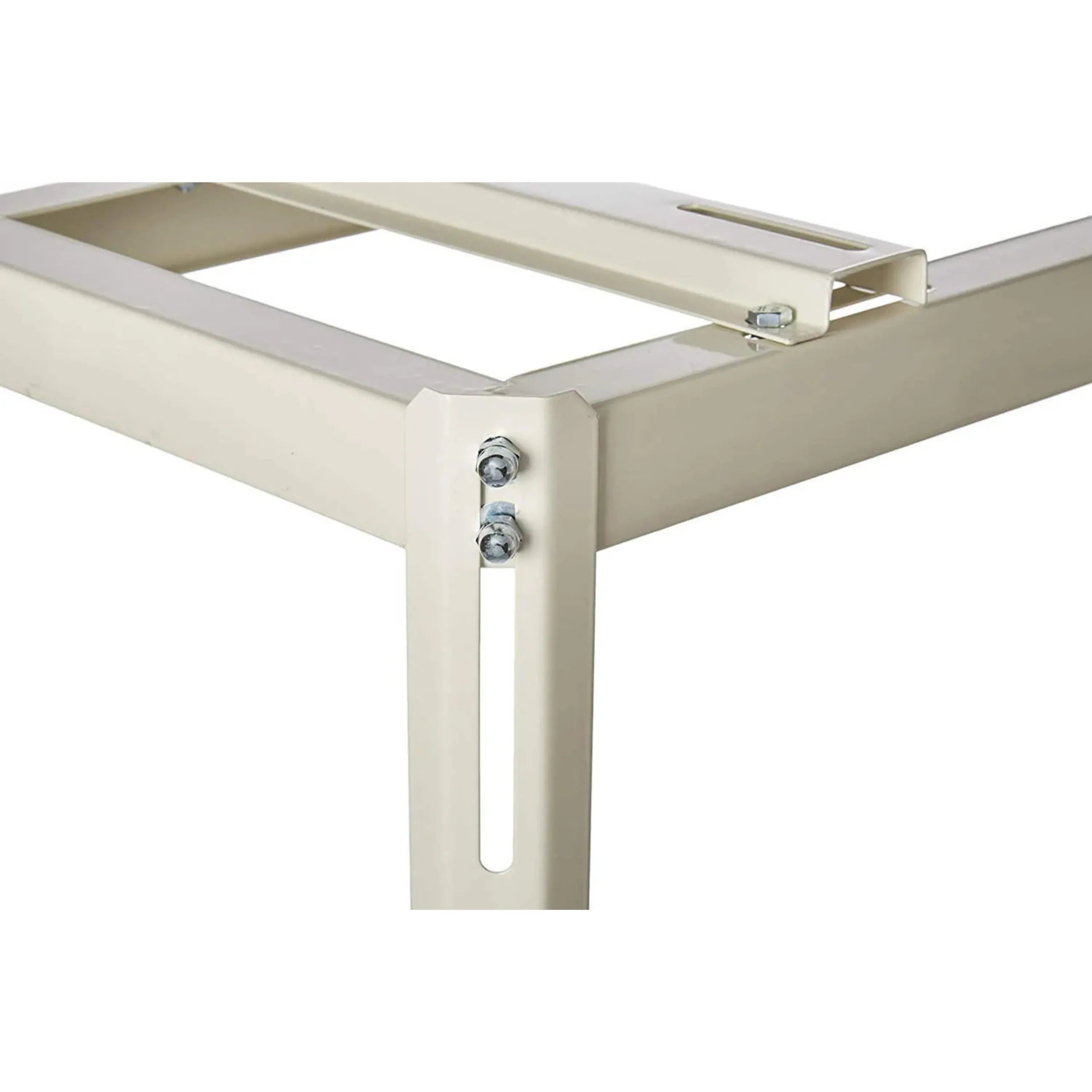 Outdoor AC ground stand bracket, beige steel frame with crossbar and bolts