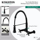 Kingston Brass Gourmetier Heritage Double-Handle Wall-Mount Pre-Rinse Bridge Kitchen Faucet, Brushed Brass (GS1247AX)