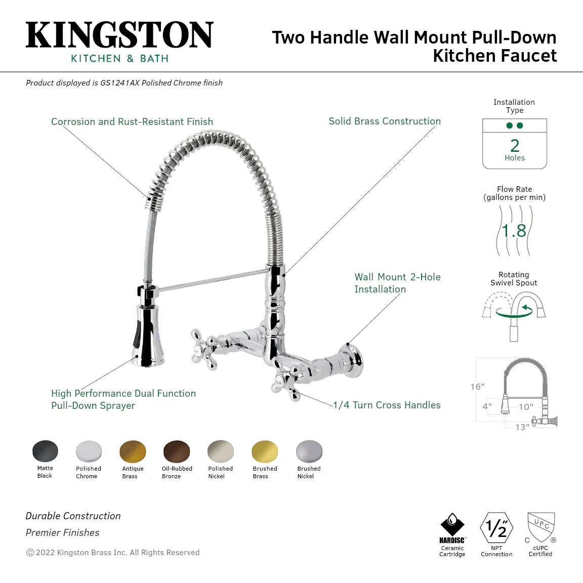 Polished chrome wall-mount pull-down kitchen faucet diagram with two handles