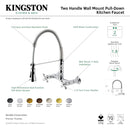 Kingston Brass Gourmetier Heritage Double-Handle Wall-Mount Pre-Rinse Bridge Kitchen Faucet, Brushed Brass (GS1247AX)