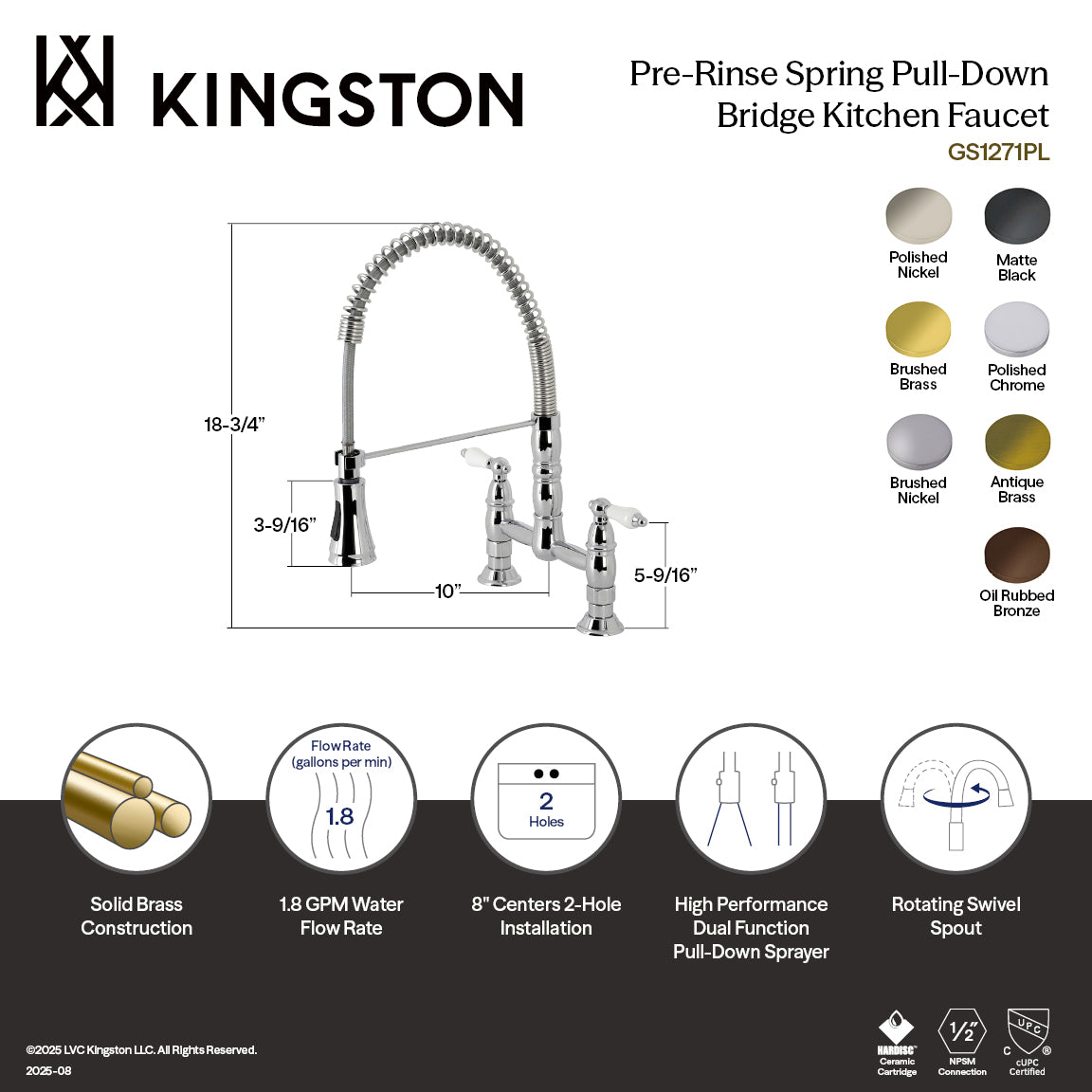 Gourmetier Heritage Double-Handle Deck-Mount Pre-Rinse Bridge Kitchen Faucet in Matte Black