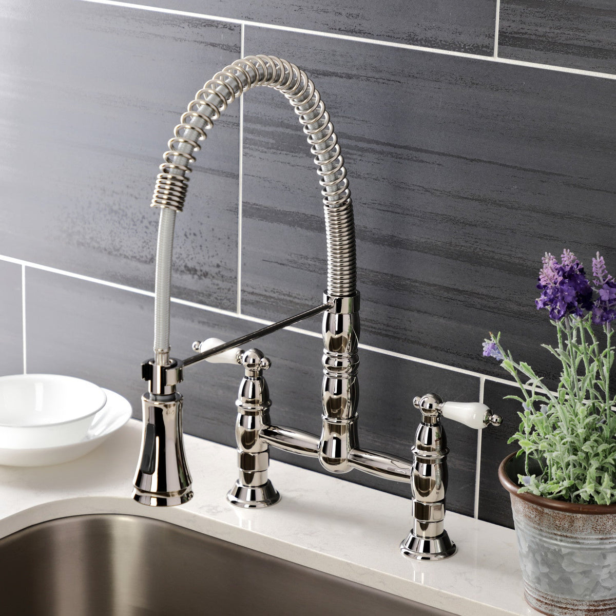Gourmetier Heritage Double-Handle Deck-Mount Pre-Rinse Bridge Kitchen Faucet in Polished Nickel