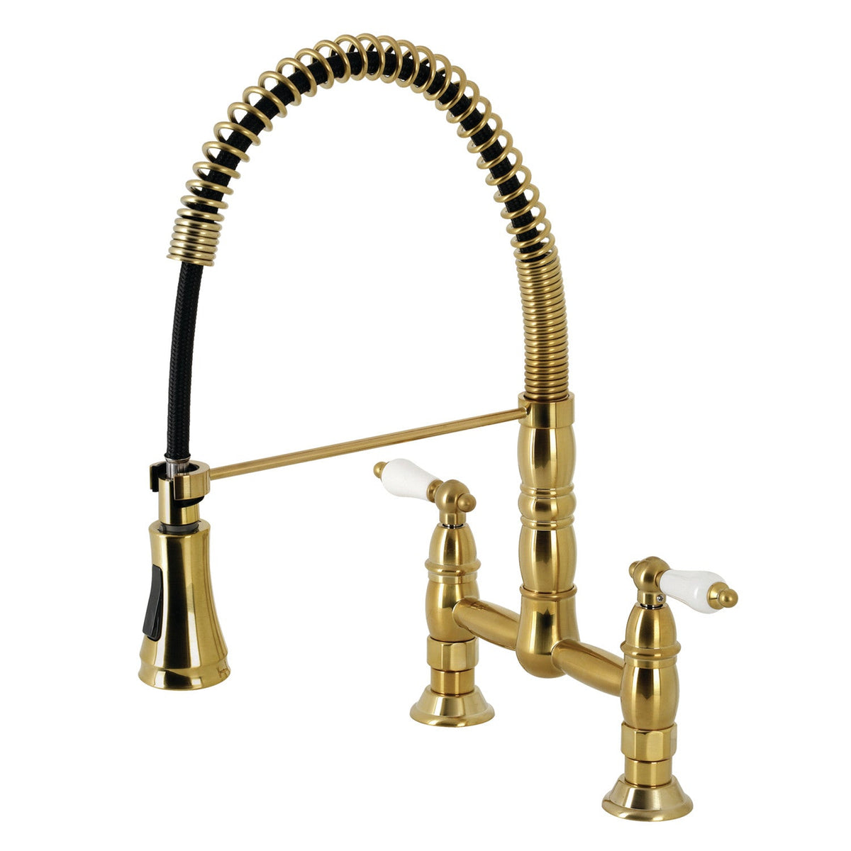 Gourmetier Heritage Double-Handle Deck-Mount Pre-Rinse Bridge Kitchen Faucet in Brushed Brass