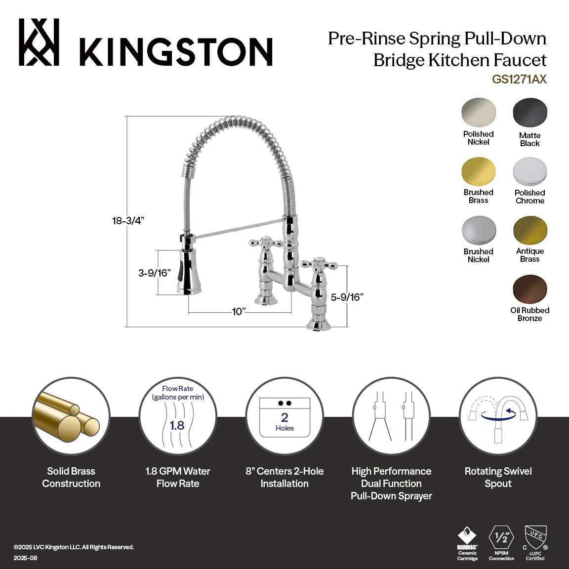 Brushed brass deck-mount kitchen faucet diagram with measurements and spray modes