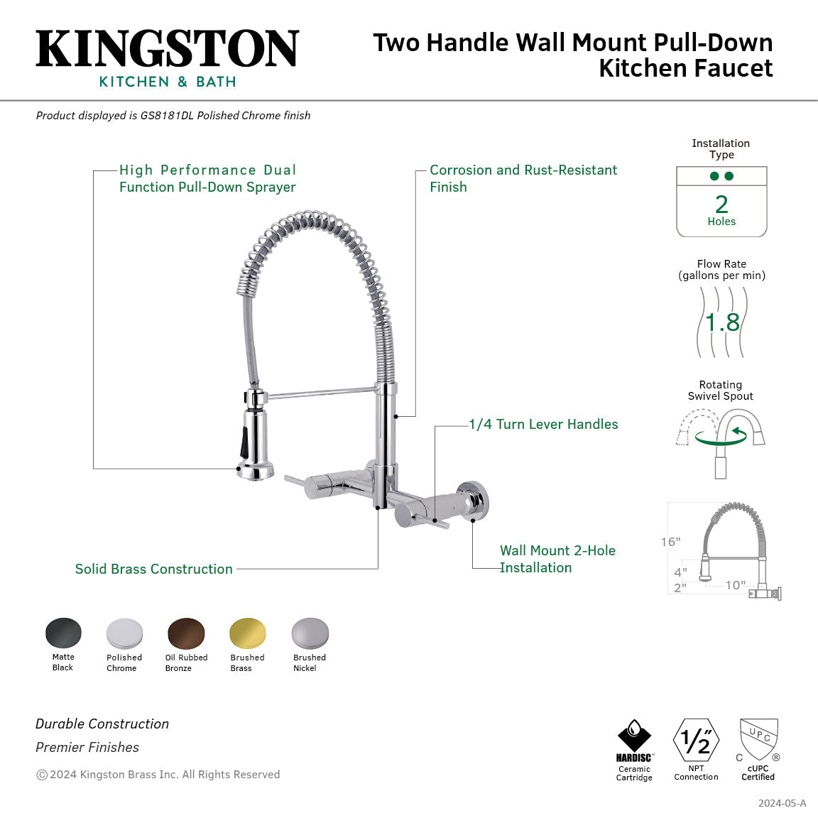 Gourmetier Concord Double-Handle Wall-Mount Pre-Rinse Bridge Kitchen Faucet in Brushed Brass