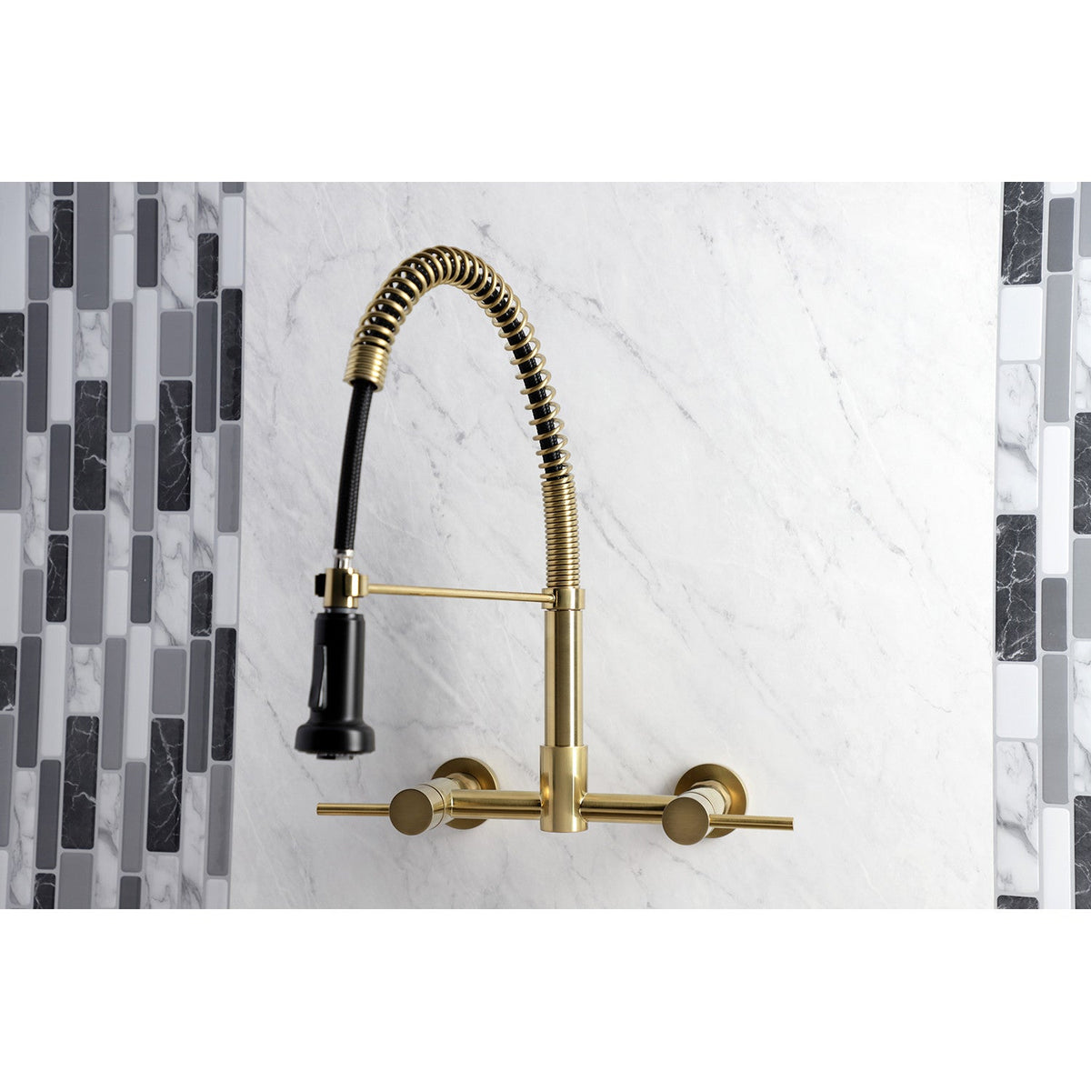 Gourmetier Concord Double-Handle Wall-Mount Pre-Rinse Bridge Kitchen Faucet in Brushed Brass