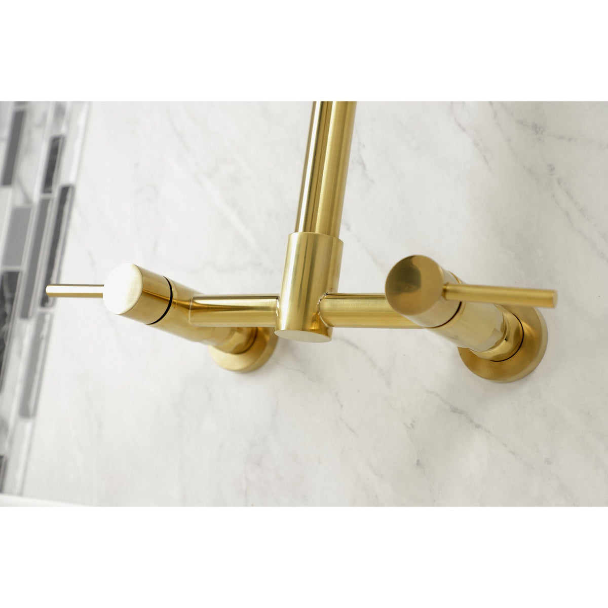Gourmetier Concord Double-Handle Wall-Mount Pre-Rinse Bridge Kitchen Faucet in Brushed Brass