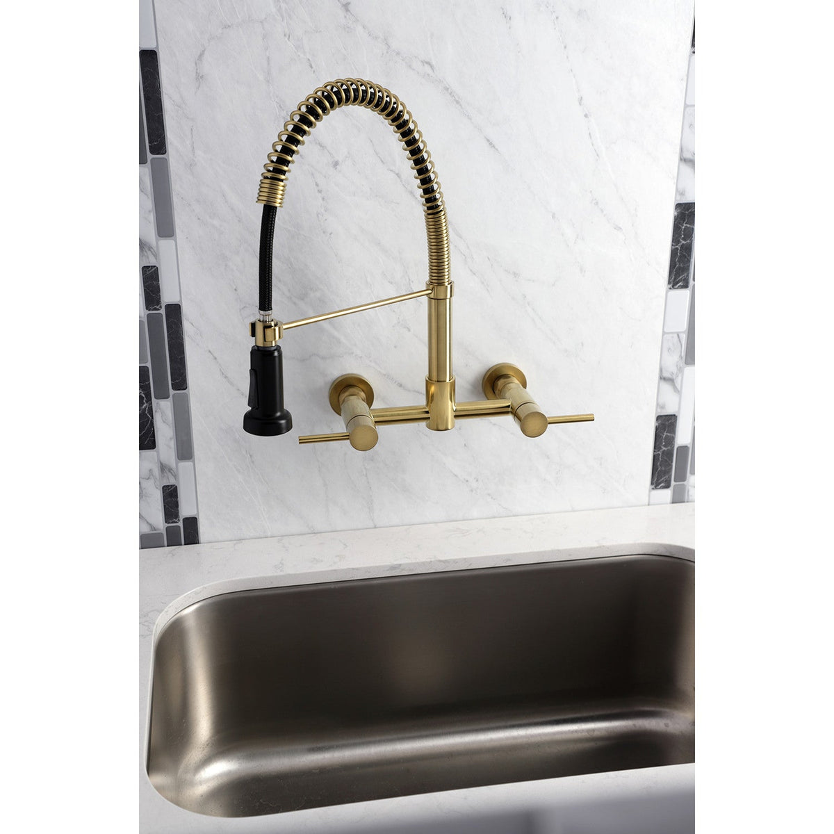Gourmetier Concord Double-Handle Wall-Mount Pre-Rinse Bridge Kitchen Faucet in Brushed Brass