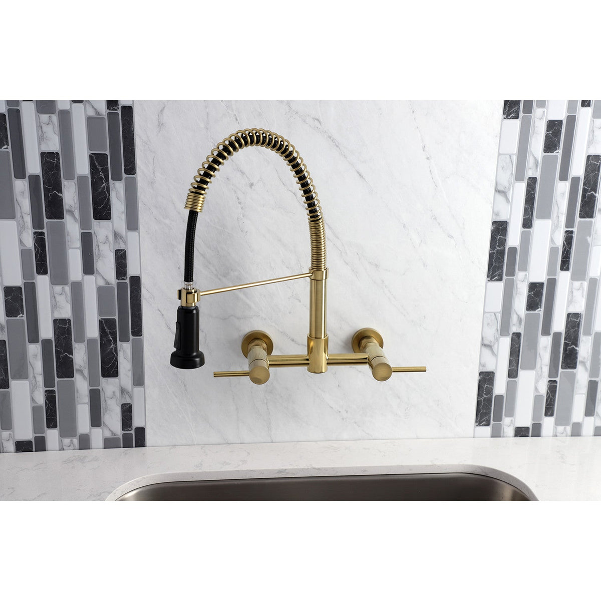Gourmetier Concord Double-Handle Wall-Mount Pre-Rinse Bridge Kitchen Faucet in Brushed Brass