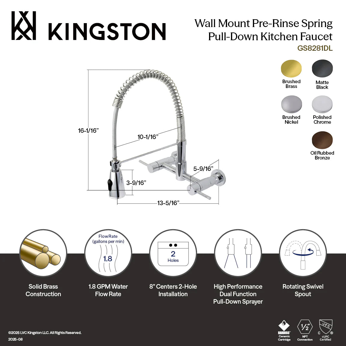 Kitchen faucet product diagram showing wall-mount pre-rinse spring and dual handles