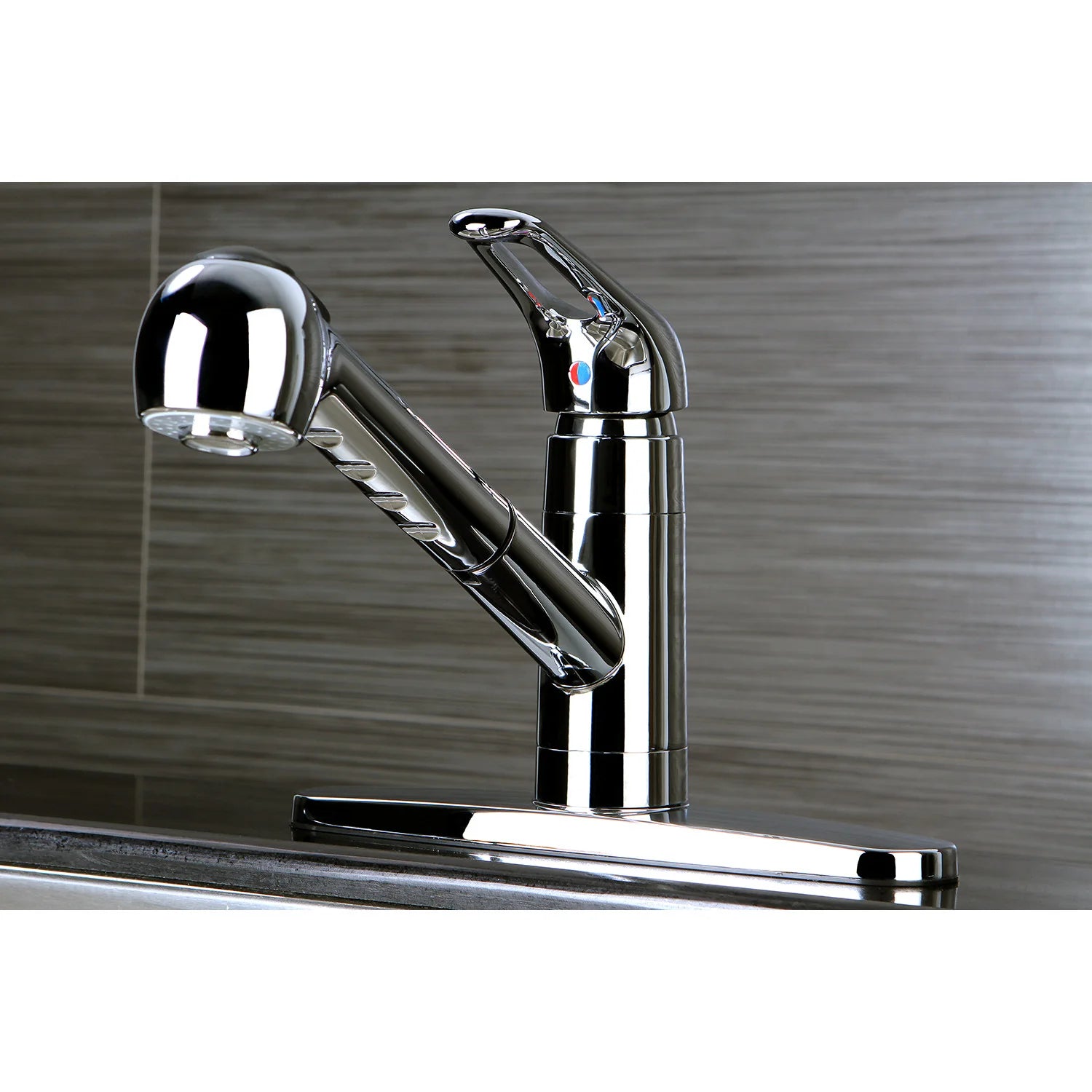Polished chrome kitchen faucet with pull-out sprayer and single lever