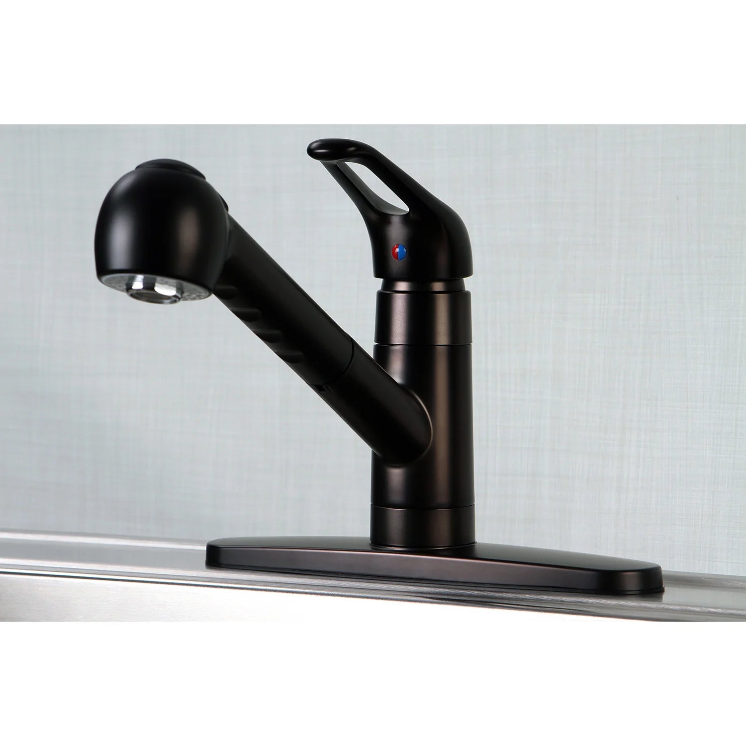 Single-handle kitchen faucet on deck plate, pull-out sprayer, dark oil-rubbed bronze