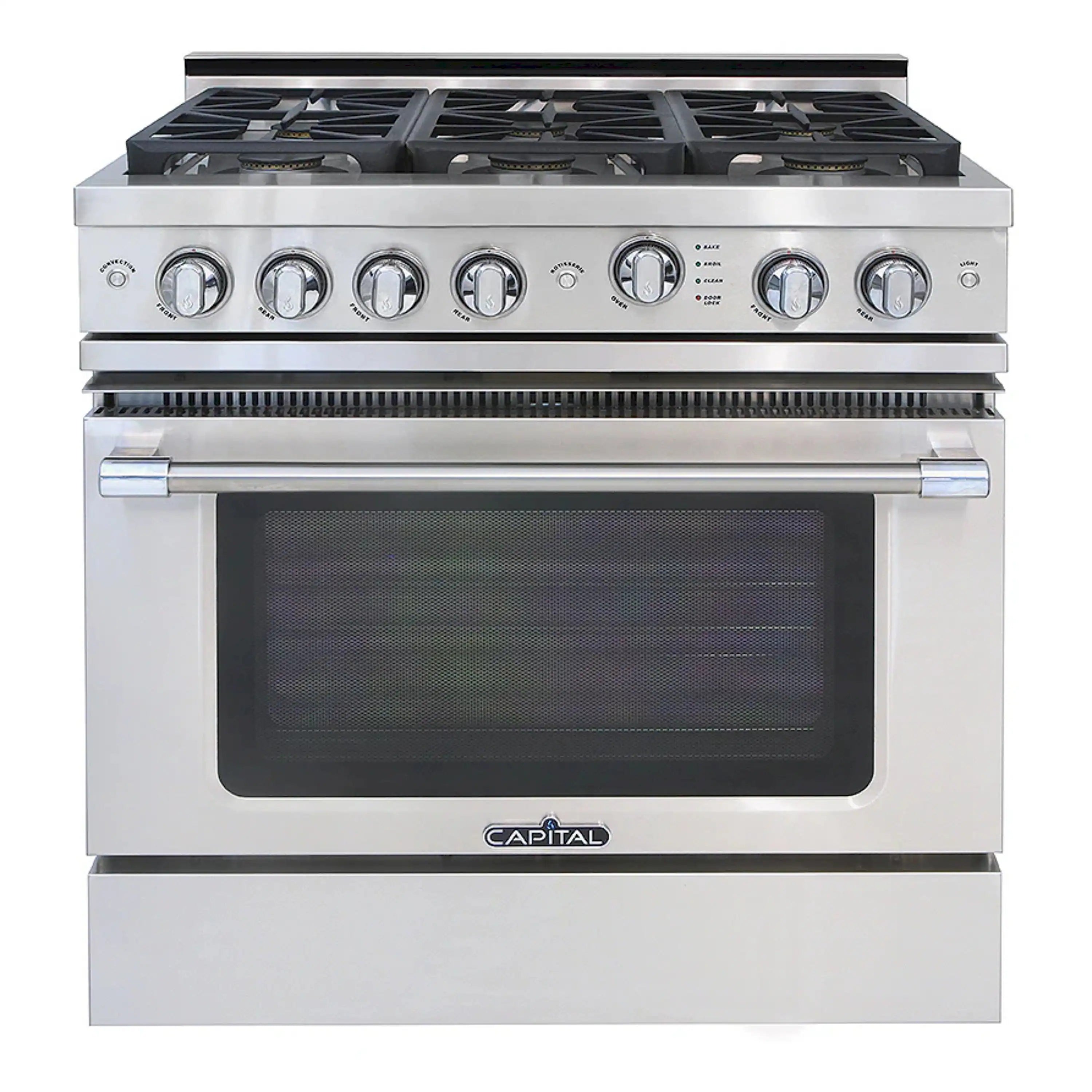 Stainless gas range front with burner grates, control knobs, and CAPITAL oven window