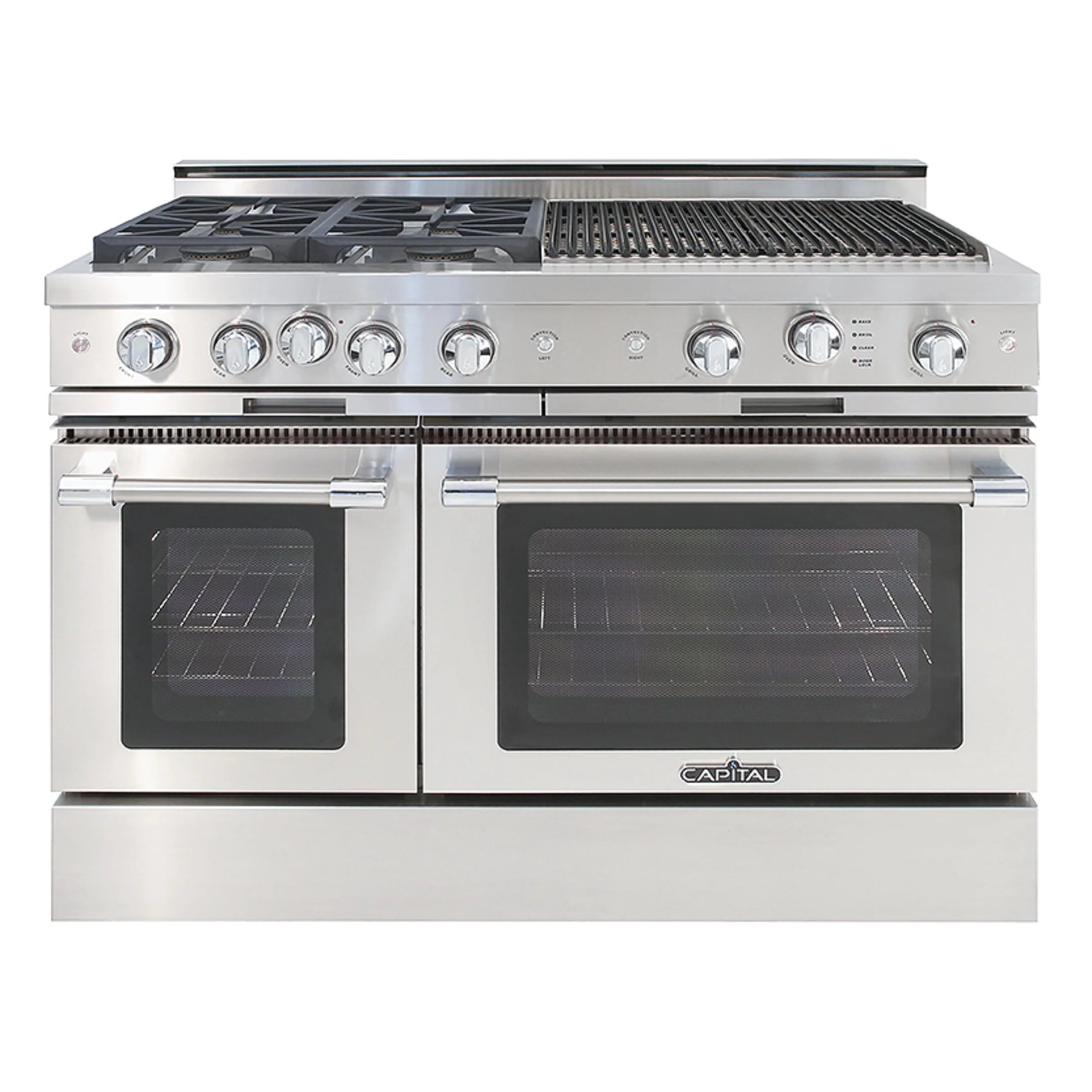 Stainless steel gas range with four burners, griddle grates, and two oven doors