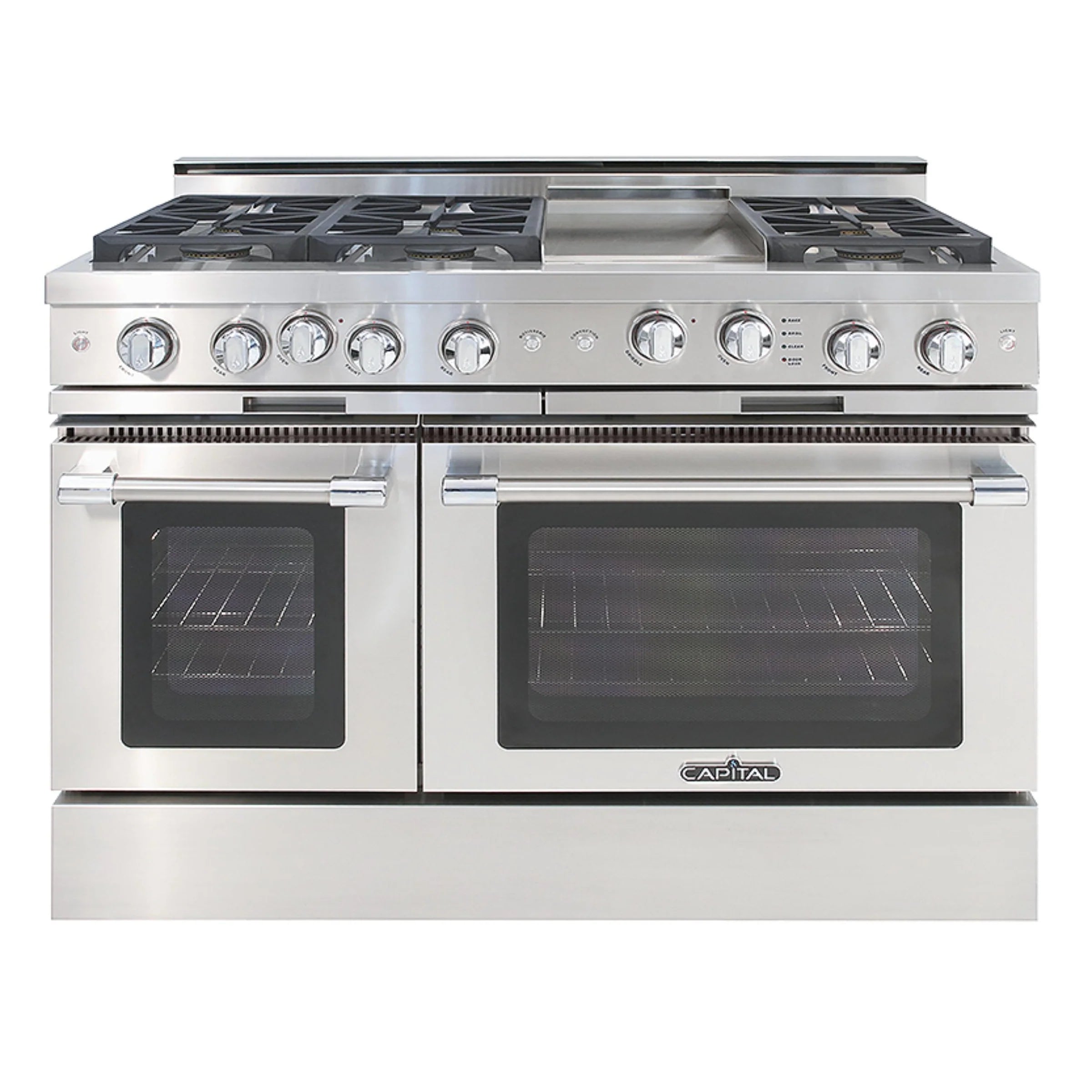 Stainless steel 48-inch gas range with six sealed burners and double oven doors