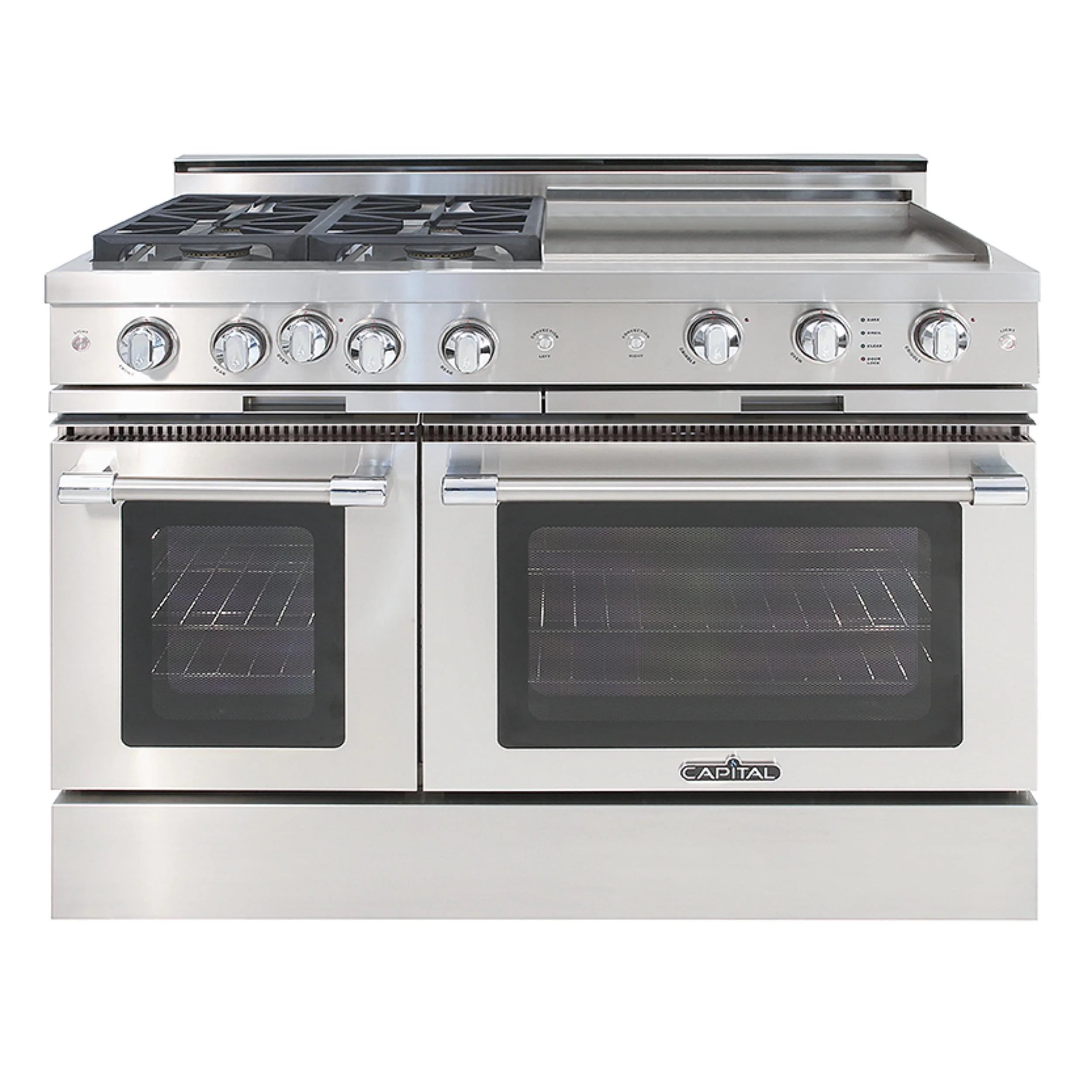 Stainless steel 48-inch gas range with two ovens, griddle, and four sealed burners