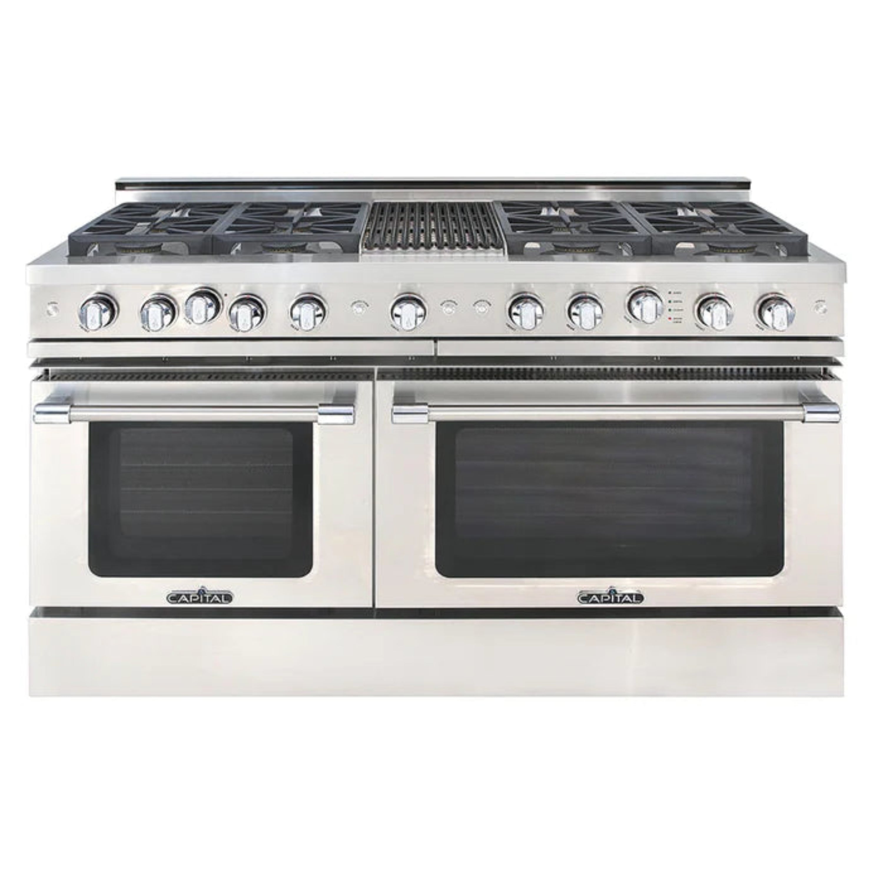 Stainless steel 60-inch gas range with grates, control knobs, and two oven doors
