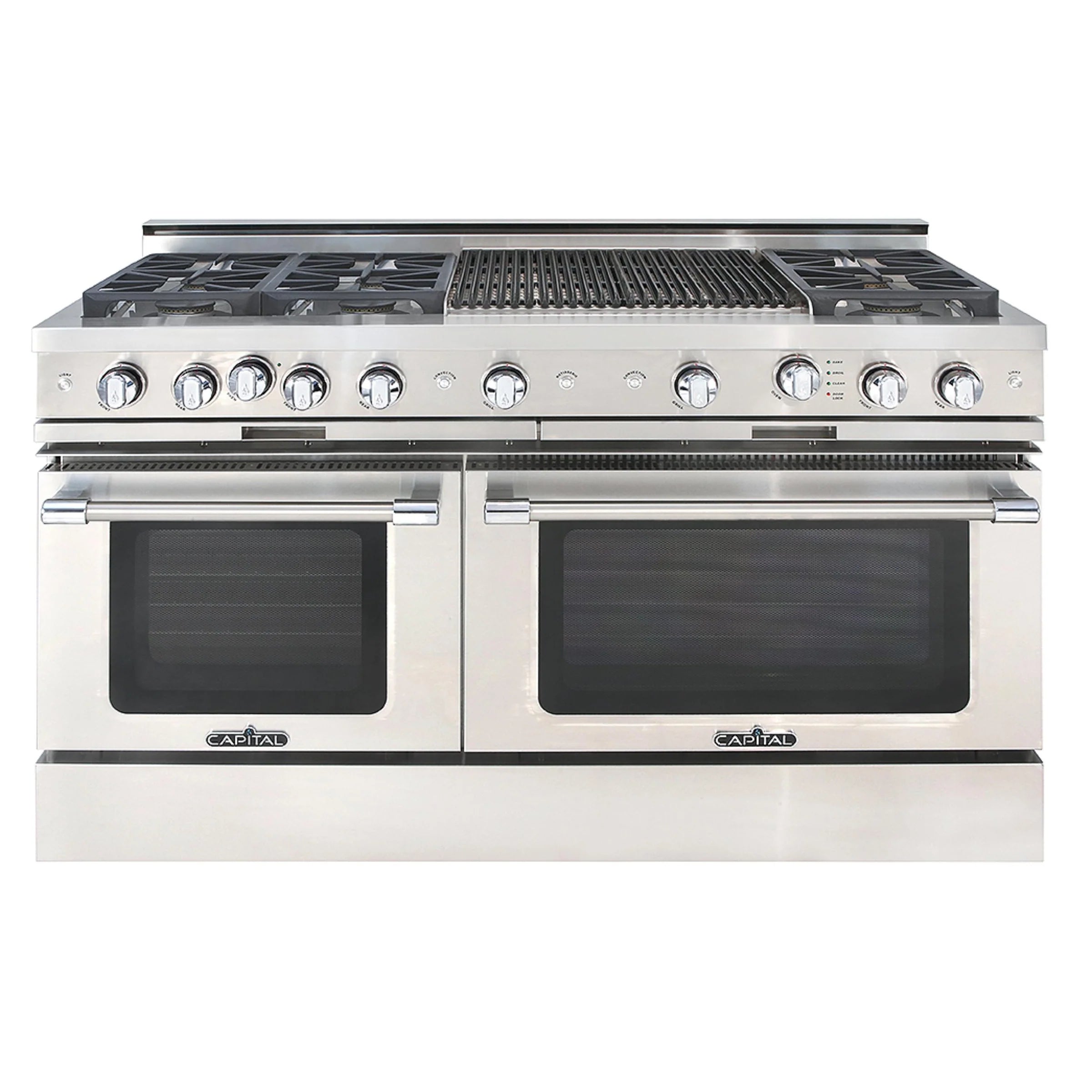 Stainless steel 60-inch gas range with six sealed burners and dual oven doors