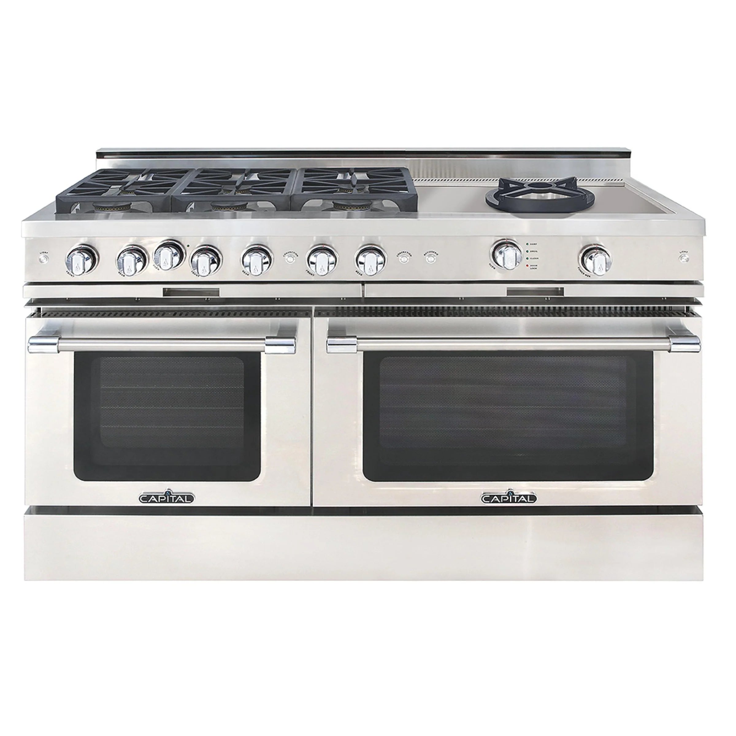 Stainless steel dual oven gas range with multiple sealed burners and knob controls