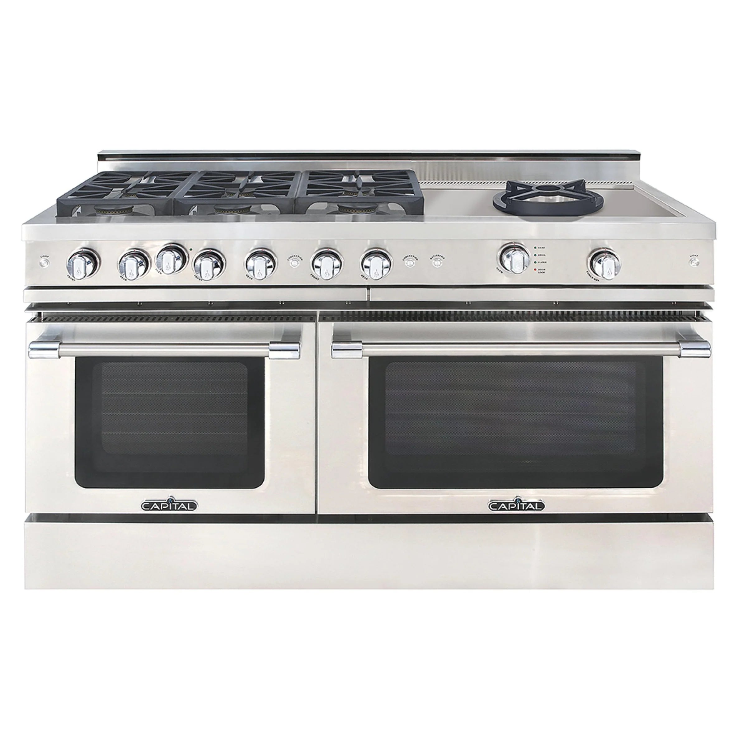 Stainless steel freestanding gas range with twin ovens and burner grates