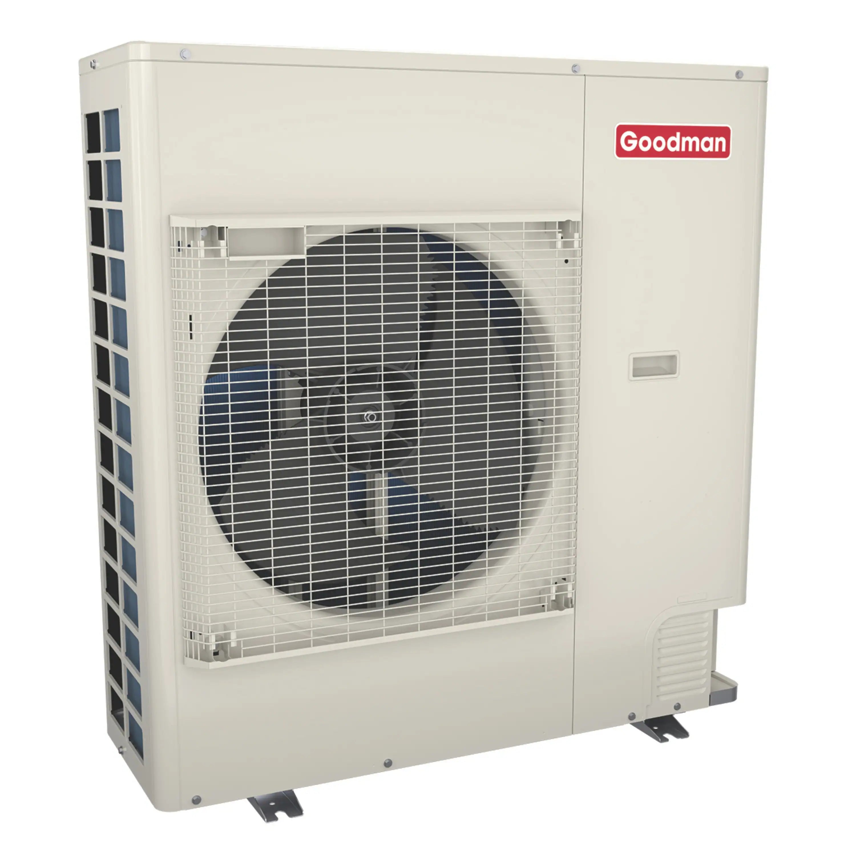 Goodman split heat pump outdoor condenser with fan grille and label
