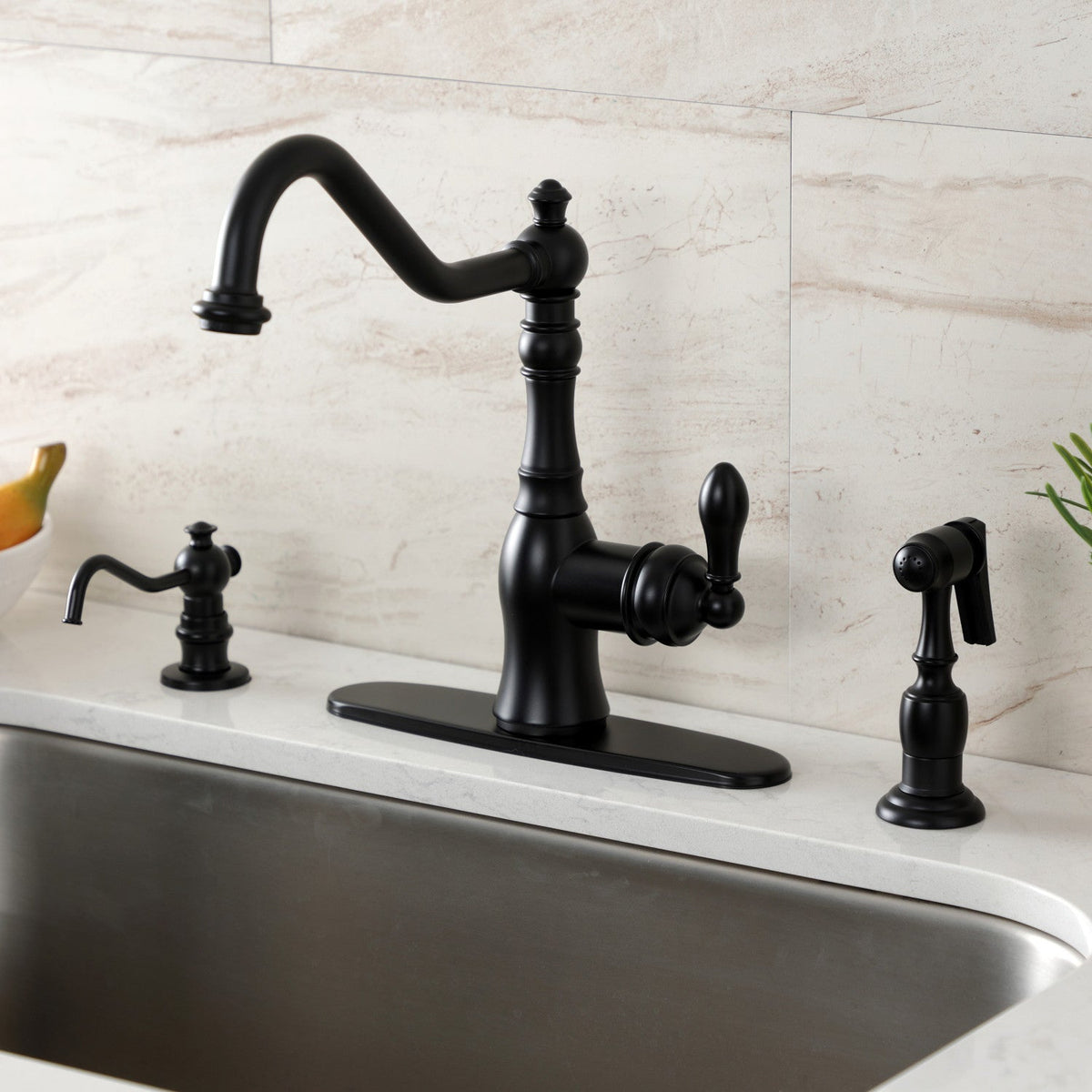 Gourmetier American Classic Single-Handle Kitchen Faucet with Brass Side Sprayer in Matte Black