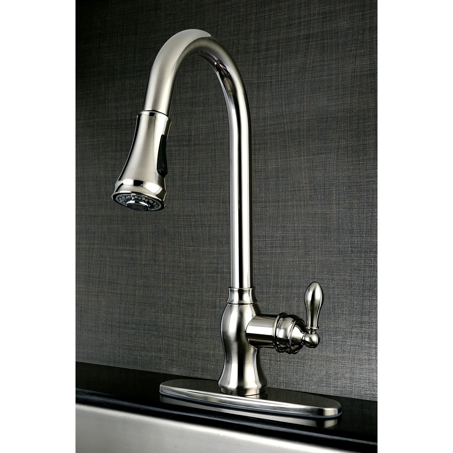 Brushed nickel arched kitchen faucet with pull-down sprayer and lever handle