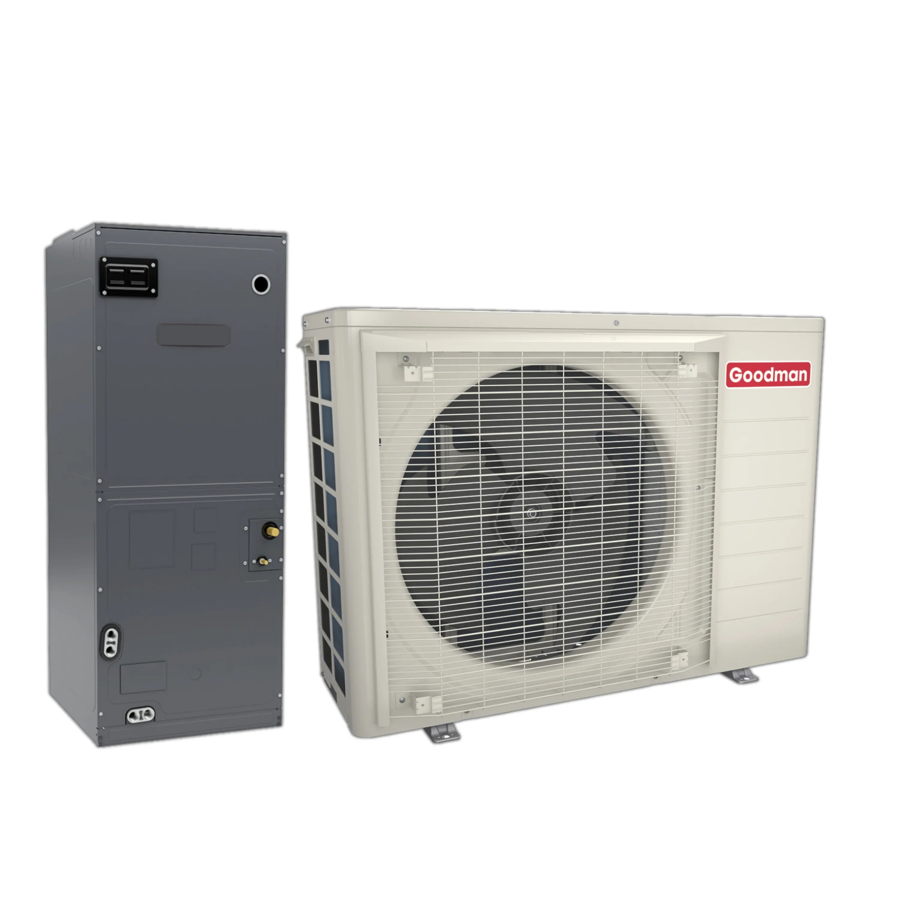Goodman central air condenser and air handler units, side-by-side view